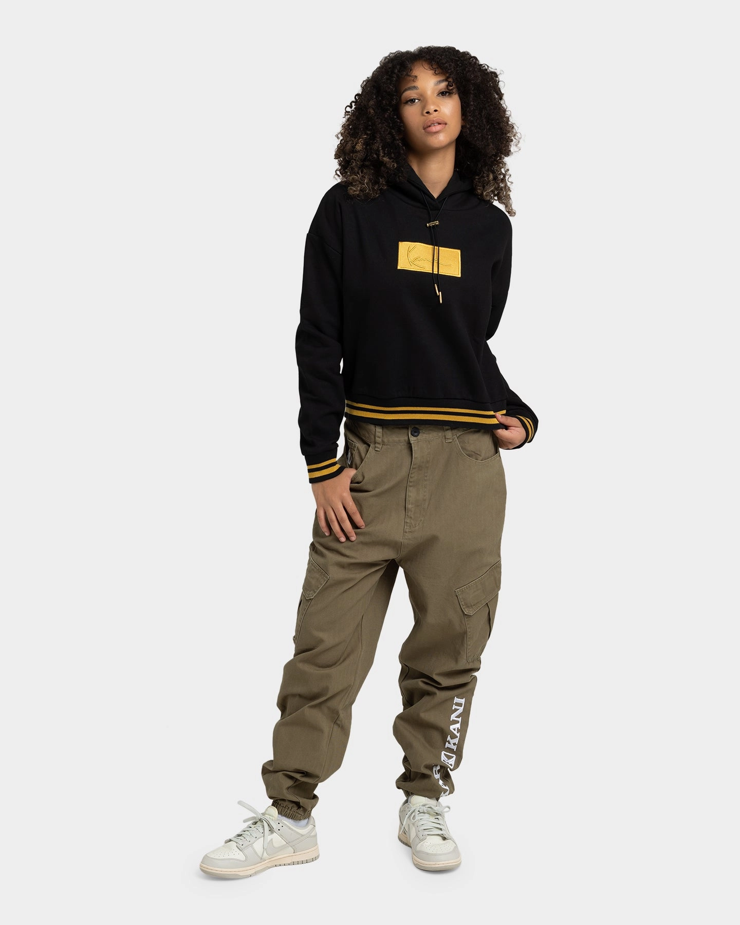 Karl Kani Women's Small Signature Box Hoodie Black Breathable Mesh Panels Seam Sealed Construction