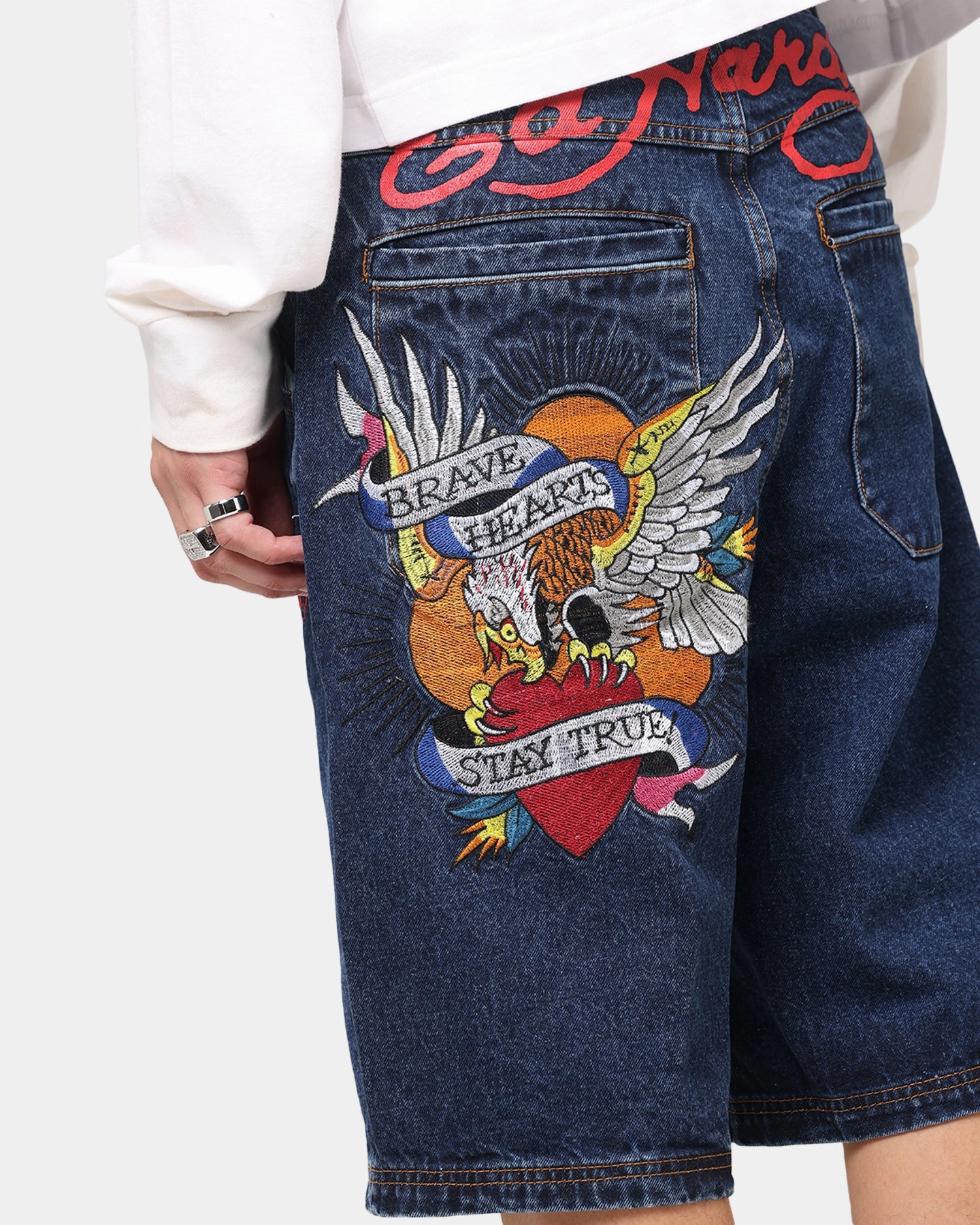 Ed Hardy Brave Hearts Jorts Indigo Durable Fabric