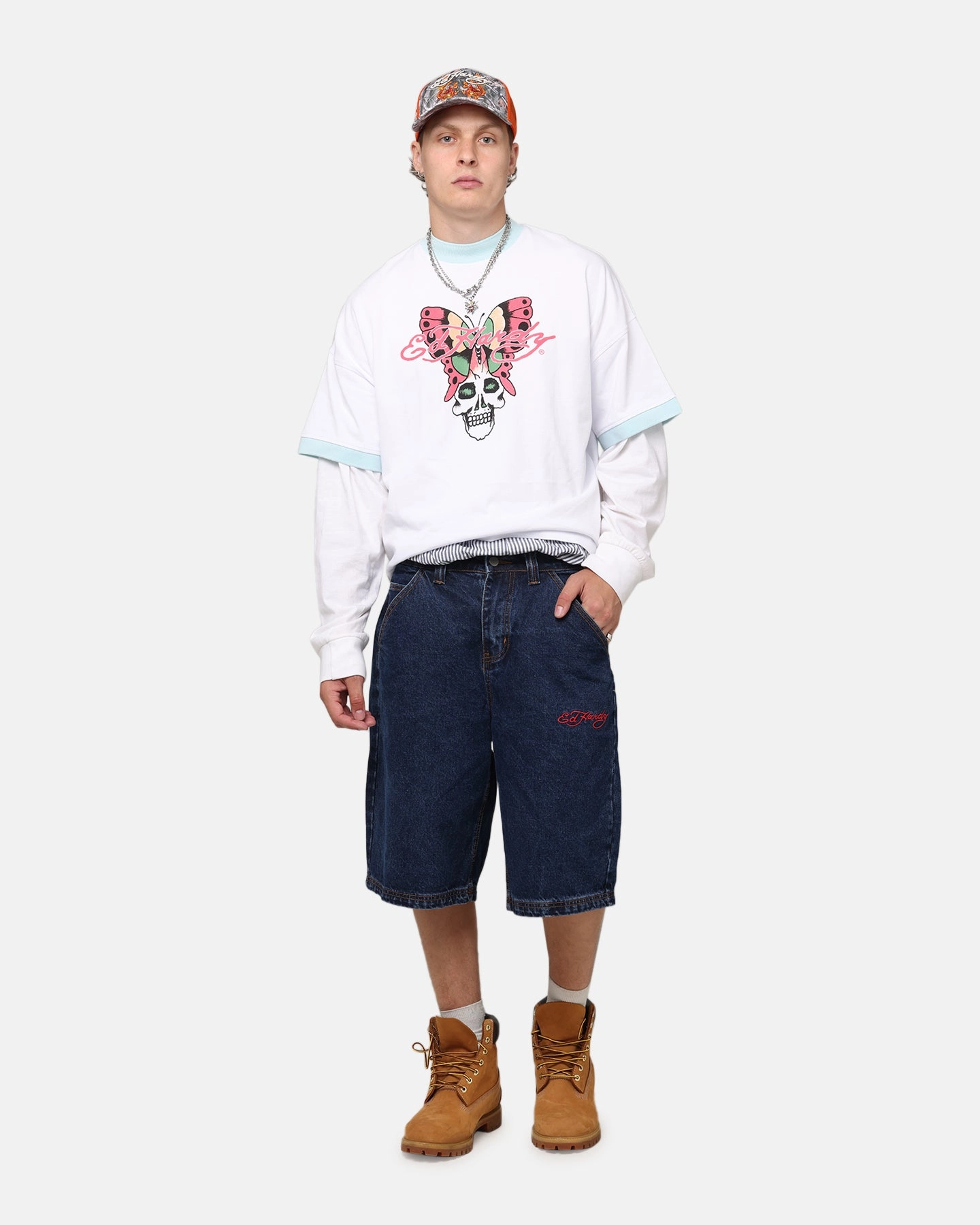 Non Restrictive Fit Classic Look Ed Hardy Brave Hearts Jorts Indigo