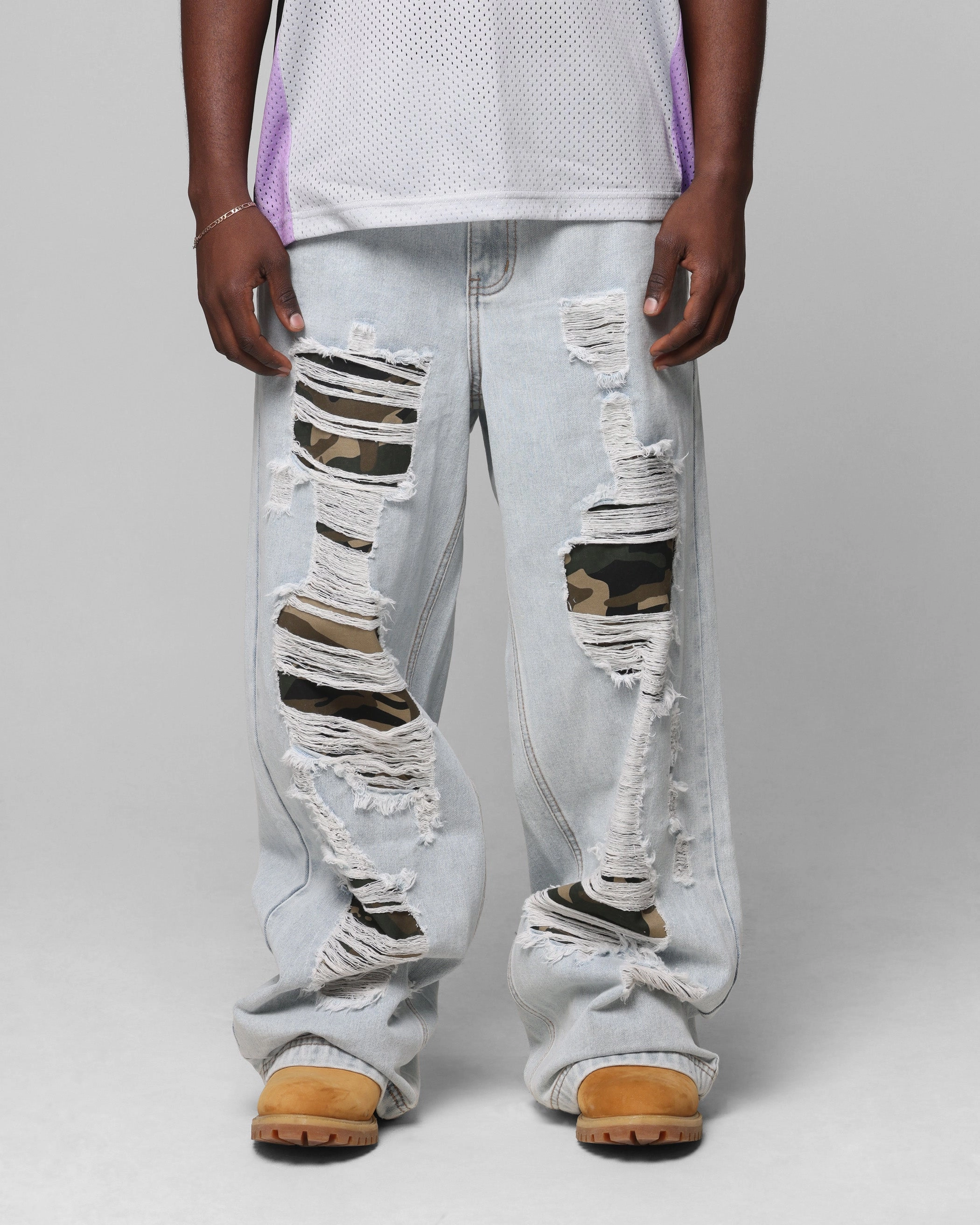 Loiter Collateral Distressed Jeans Denim Camo DoubleLayeredHem