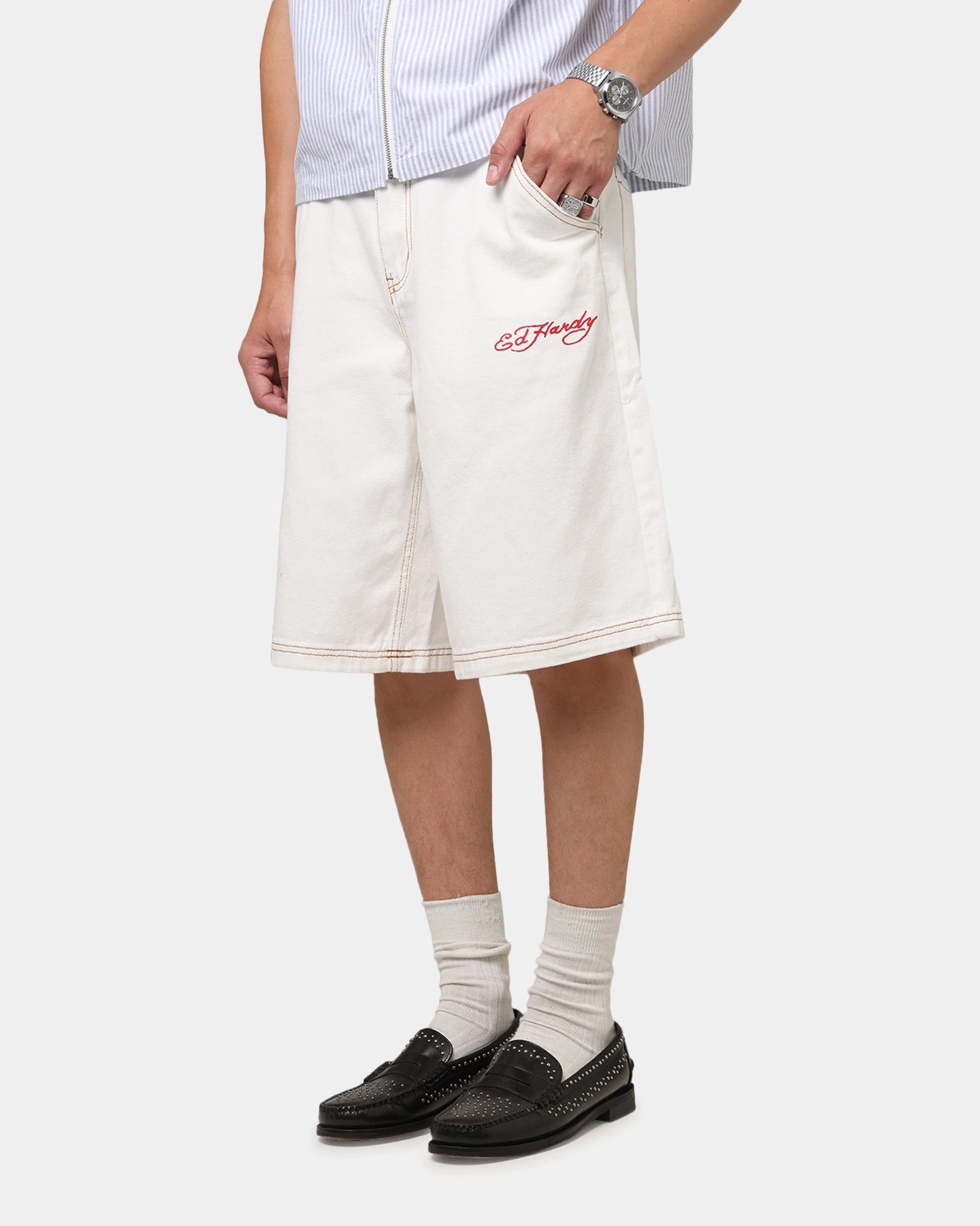 Soft and Stretchy Ed Hardy Tiger Jorts Off White