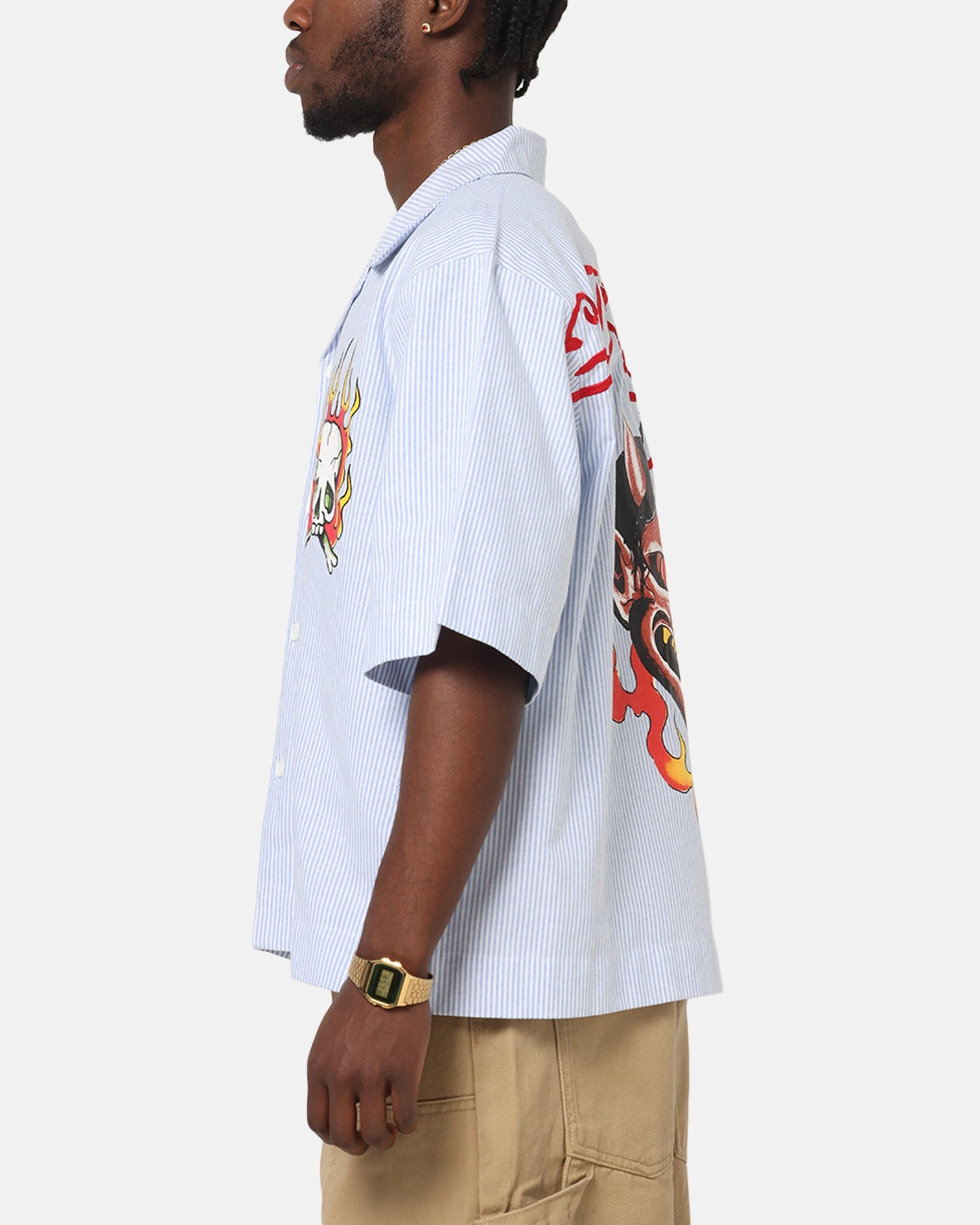 Abrasion Resistant Edges Workwear Ready Ed Hardy Flame Stripe Button Up Shirt Blue Pin Stripe