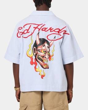 Plus Size Tuckable Hem Ed Hardy Flame Stripe Button Up Shirt Blue Pin Stripe