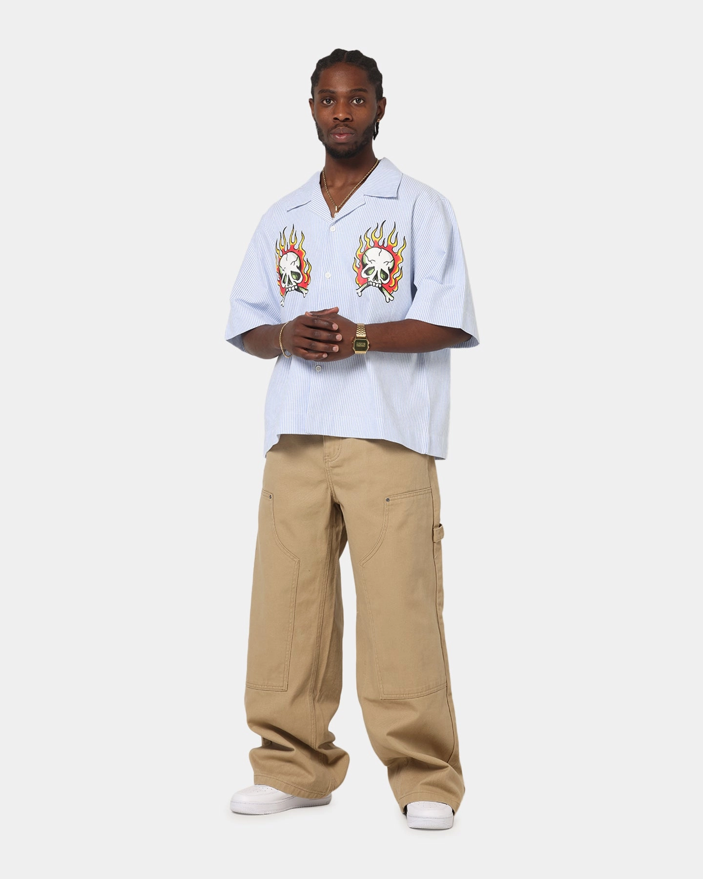 Spring Collection Quick-Dry Ed Hardy Flame Stripe Button Up Shirt Blue Pin Stripe