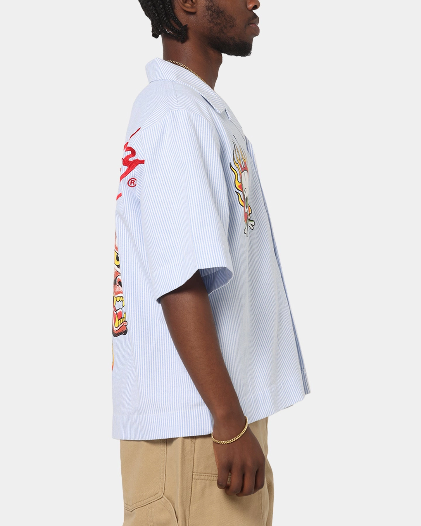 Ed Hardy Flame Stripe Button Up Shirt Blue Pin Stripe Moisture Management Tech