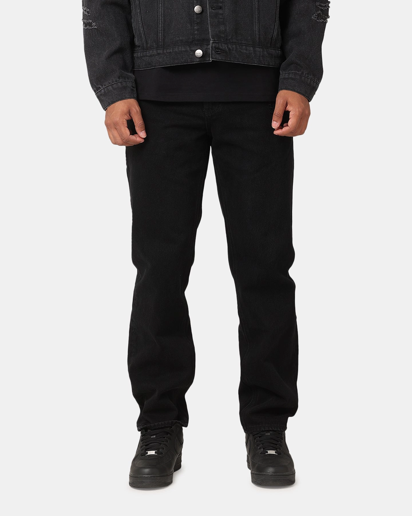 Button Fly Closure Durable Minimalist Style Party Look Saint Morta Psykhe Distressed Jeans Washed Black