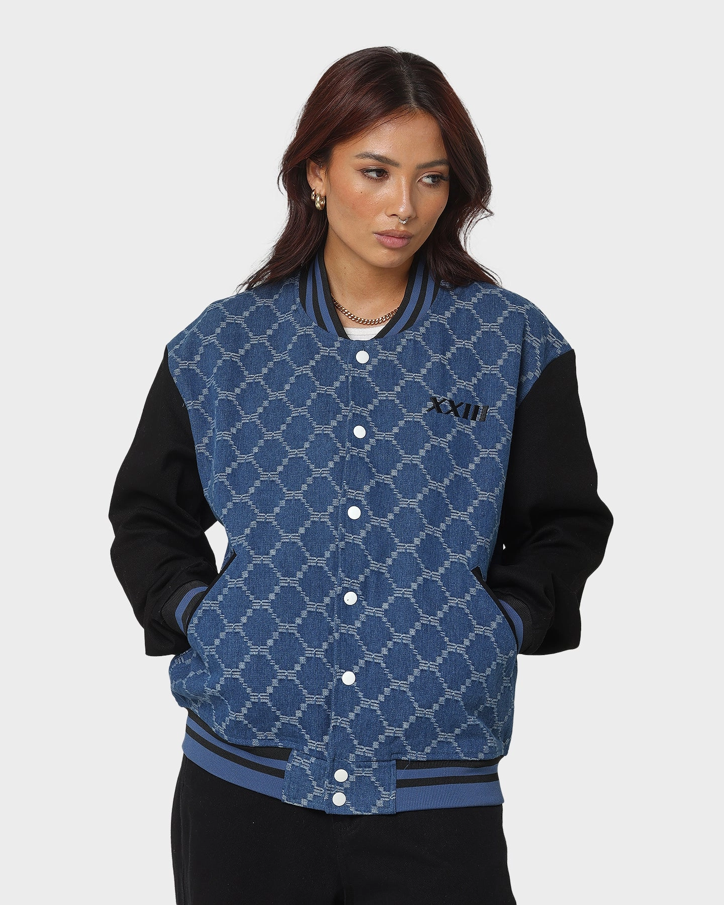 XXIII Athy Denim Baseball Jacket Blue/White Reinforced Seams
