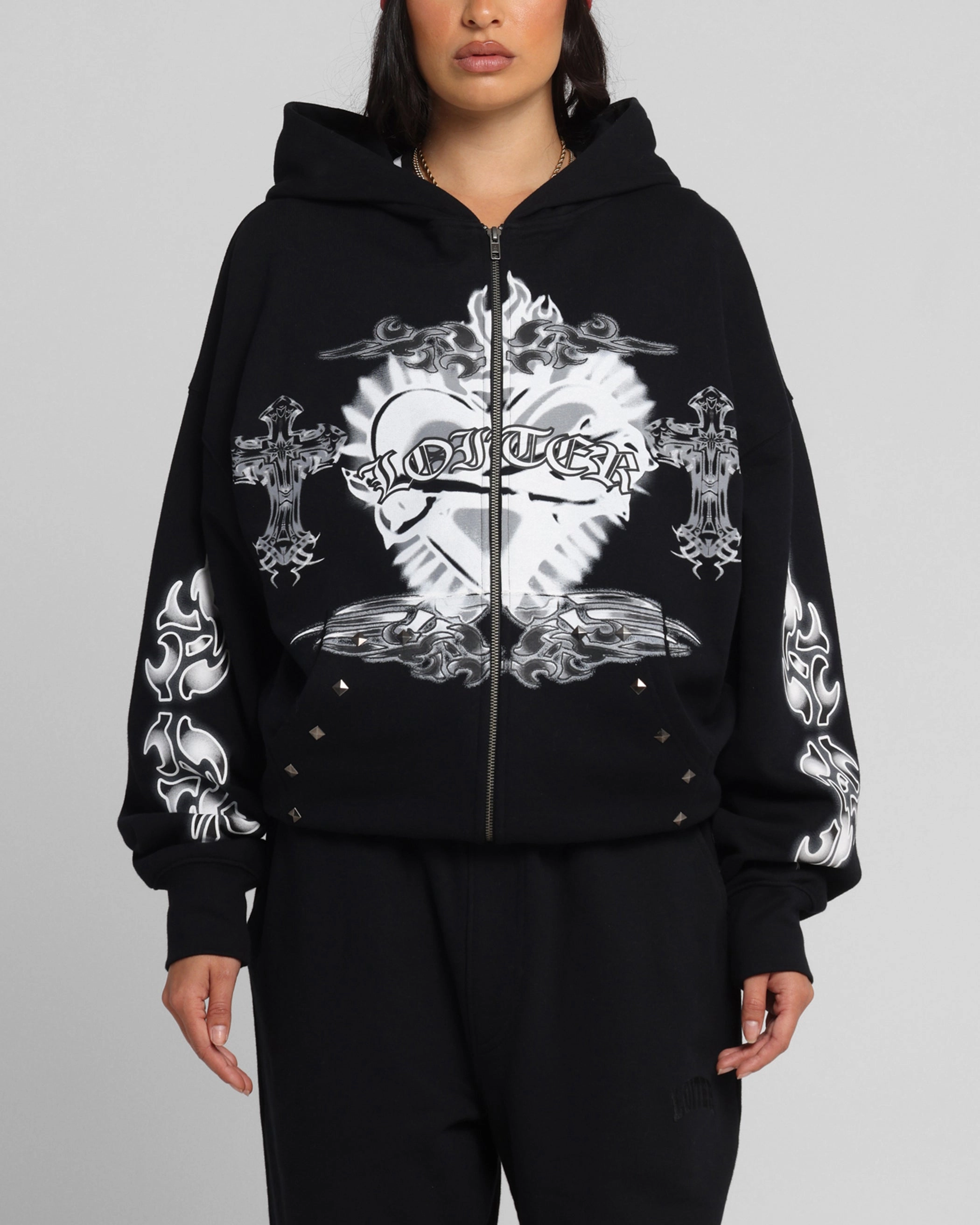 Permit Articulated Sleeves Loiter Hearts Zip Hoodie Black