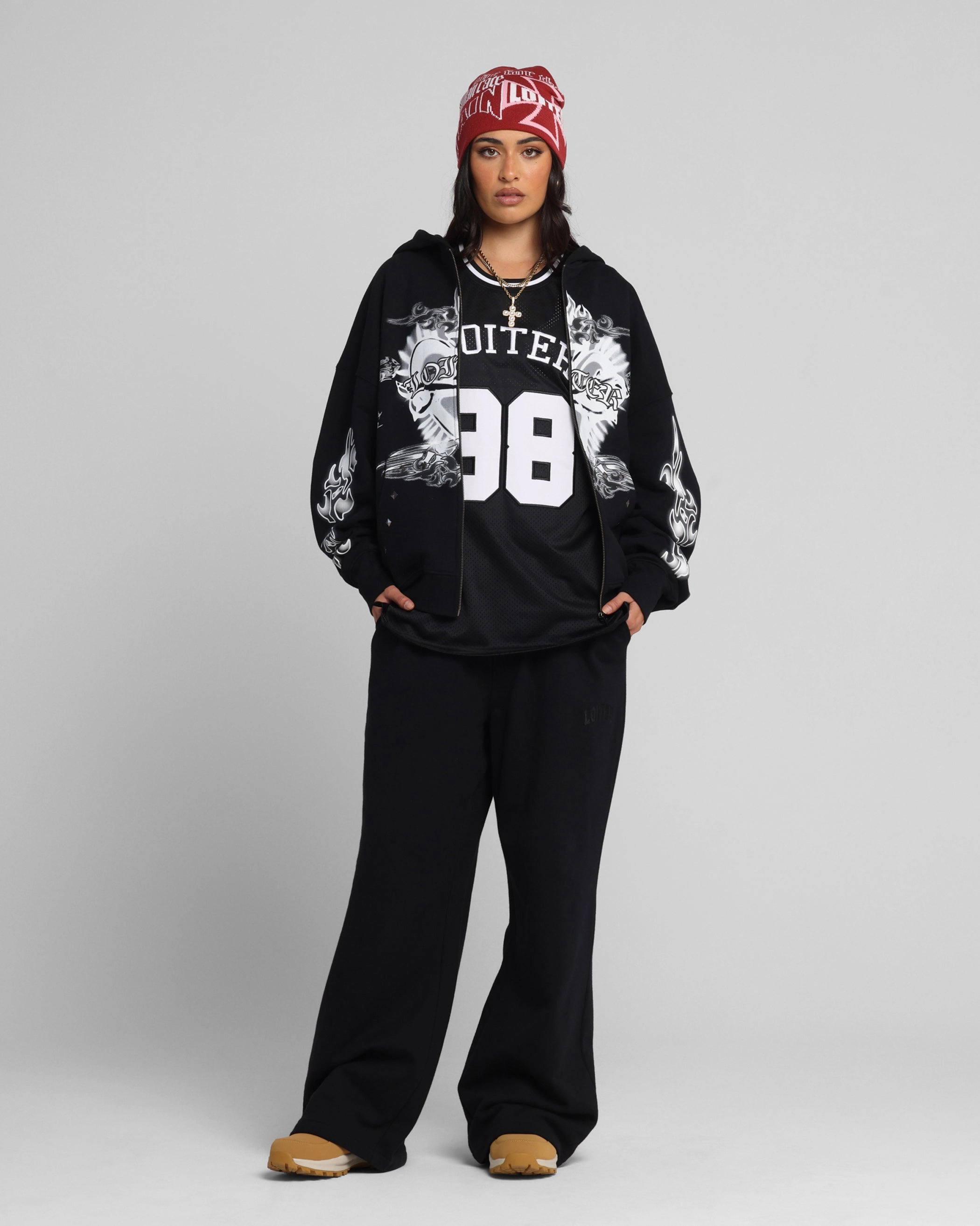 Loiter Hearts Zip Hoodie Black Ergonomic Shoulder Panels yoga enthusiasts