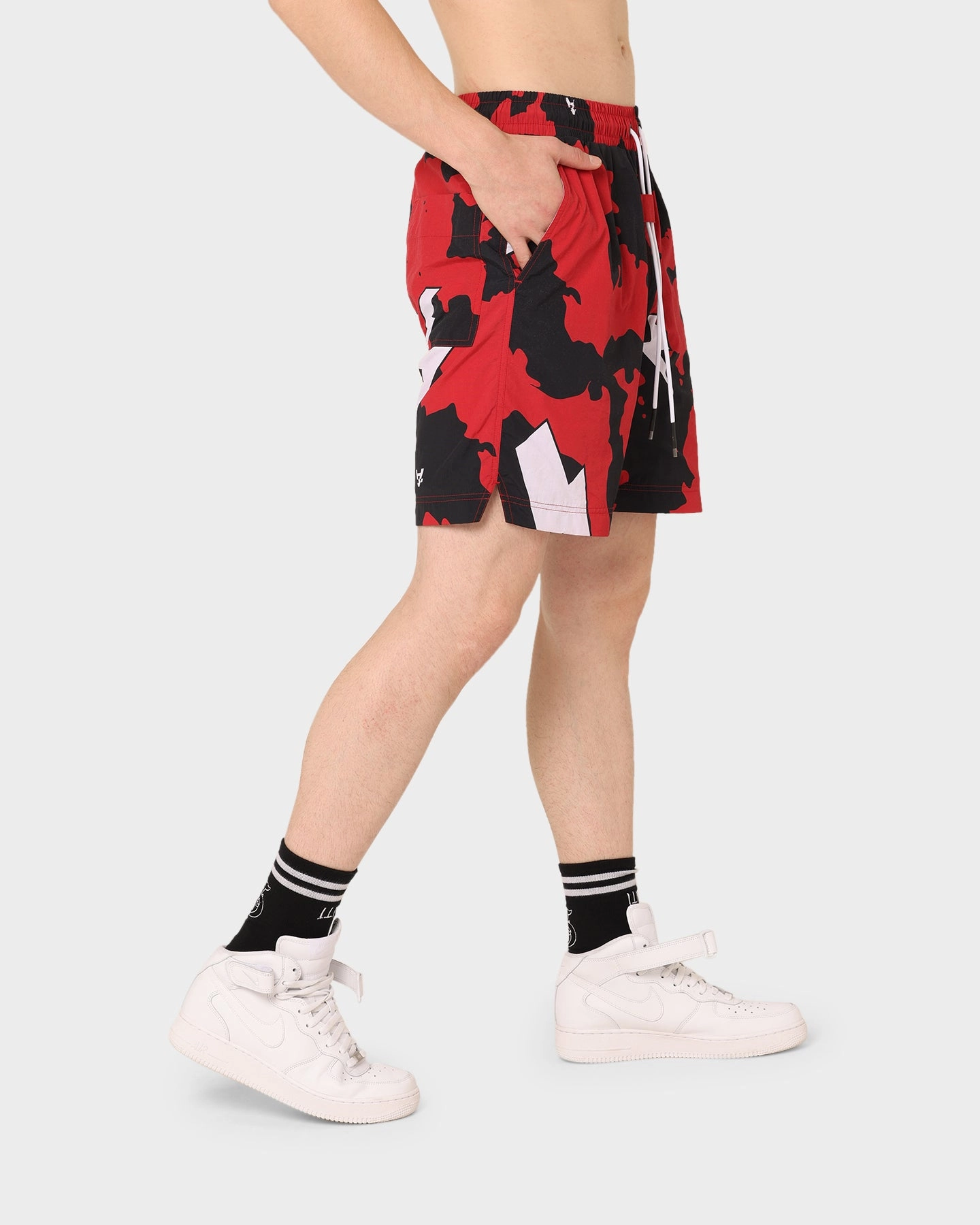 The Anti Order Storm Camo Beach Shorts Black/White/Red Durable Hem Finishing Sweat Resistant Coating