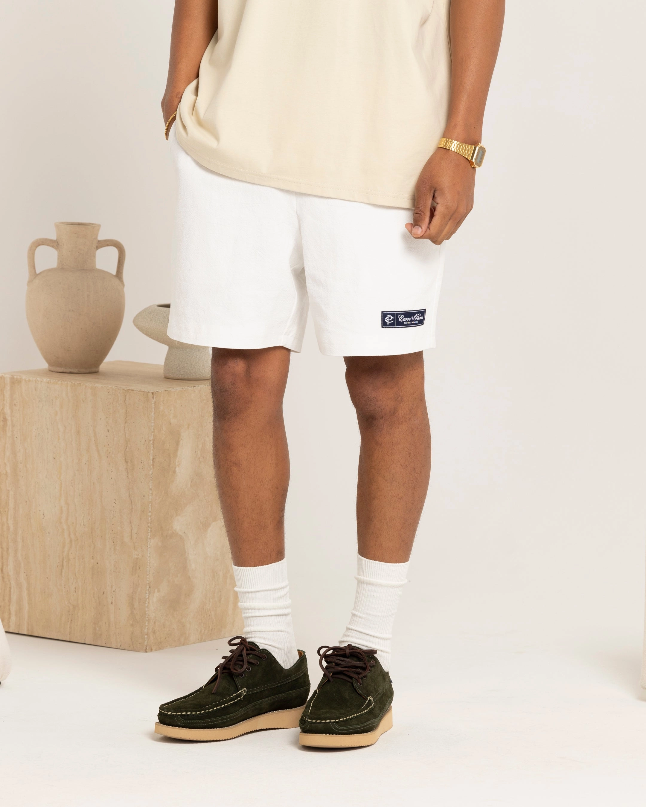 Beach Vacation Street Ready Carre Luxe Linen Shorts Off White