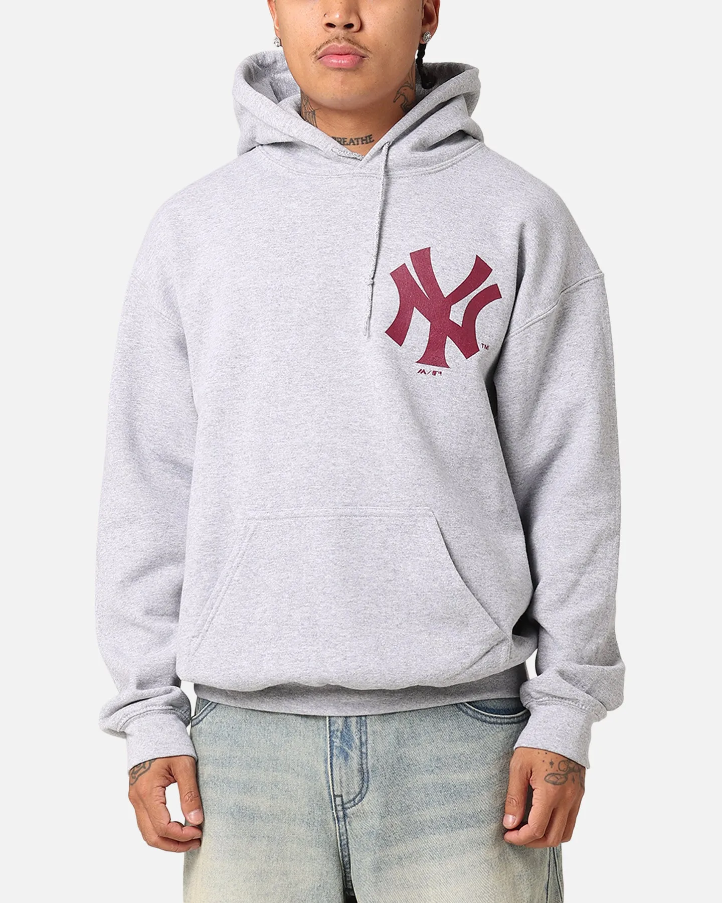 Outdoor Activity Water Resistant Material Majestic Athletic New York Yankees Wordmark Arch Hoodie Grey