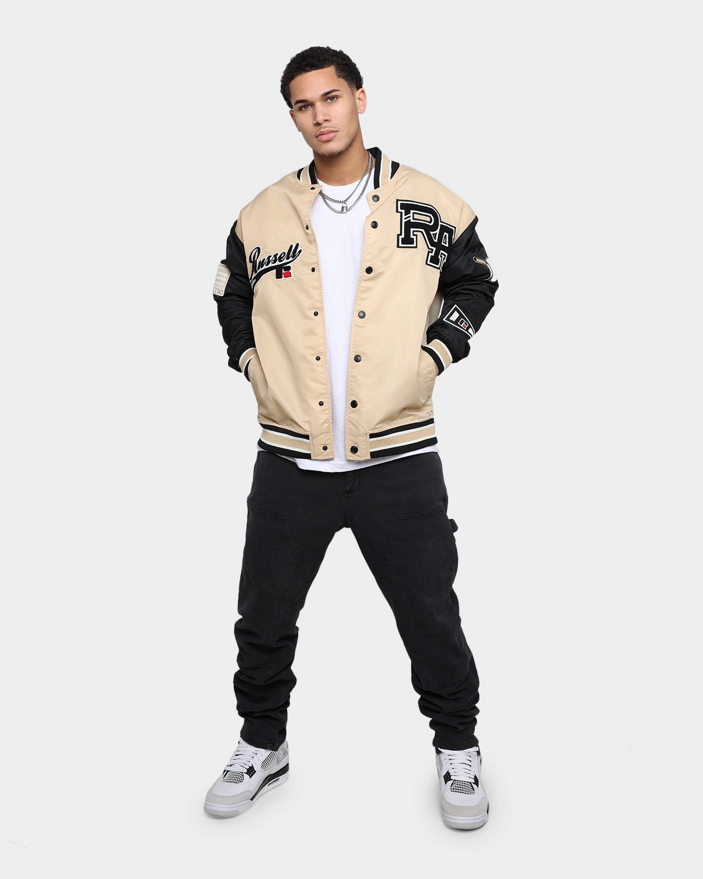 Unveil Russell Athletic Satin Varsity Badge Jacket Stone