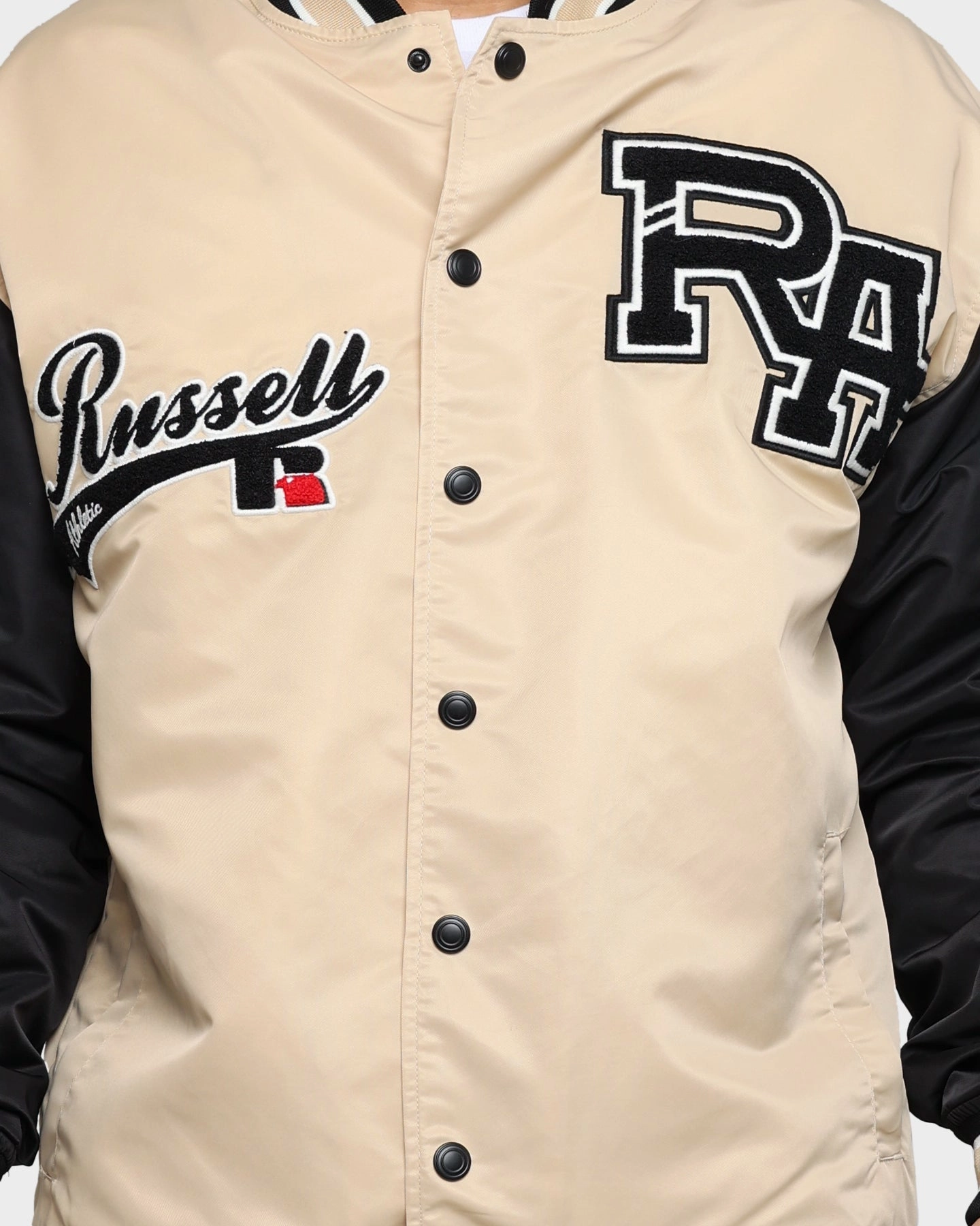 Russell Athletic Satin Varsity Badge Jacket Stone QuickDry Moisture Wicking