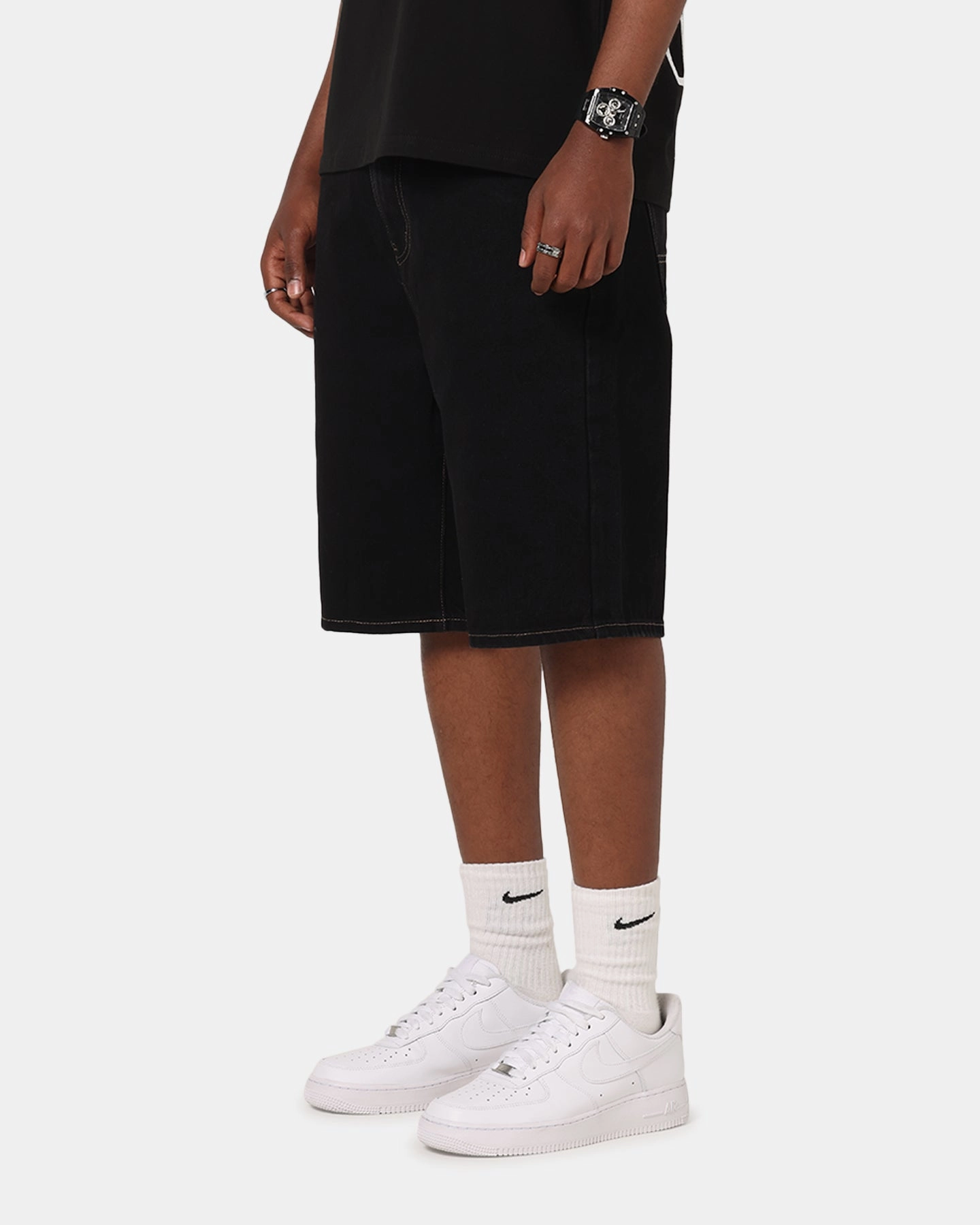 S Double Denim Standard Shorts Black Rinse Warm Fit Ventilated Mesh Panels