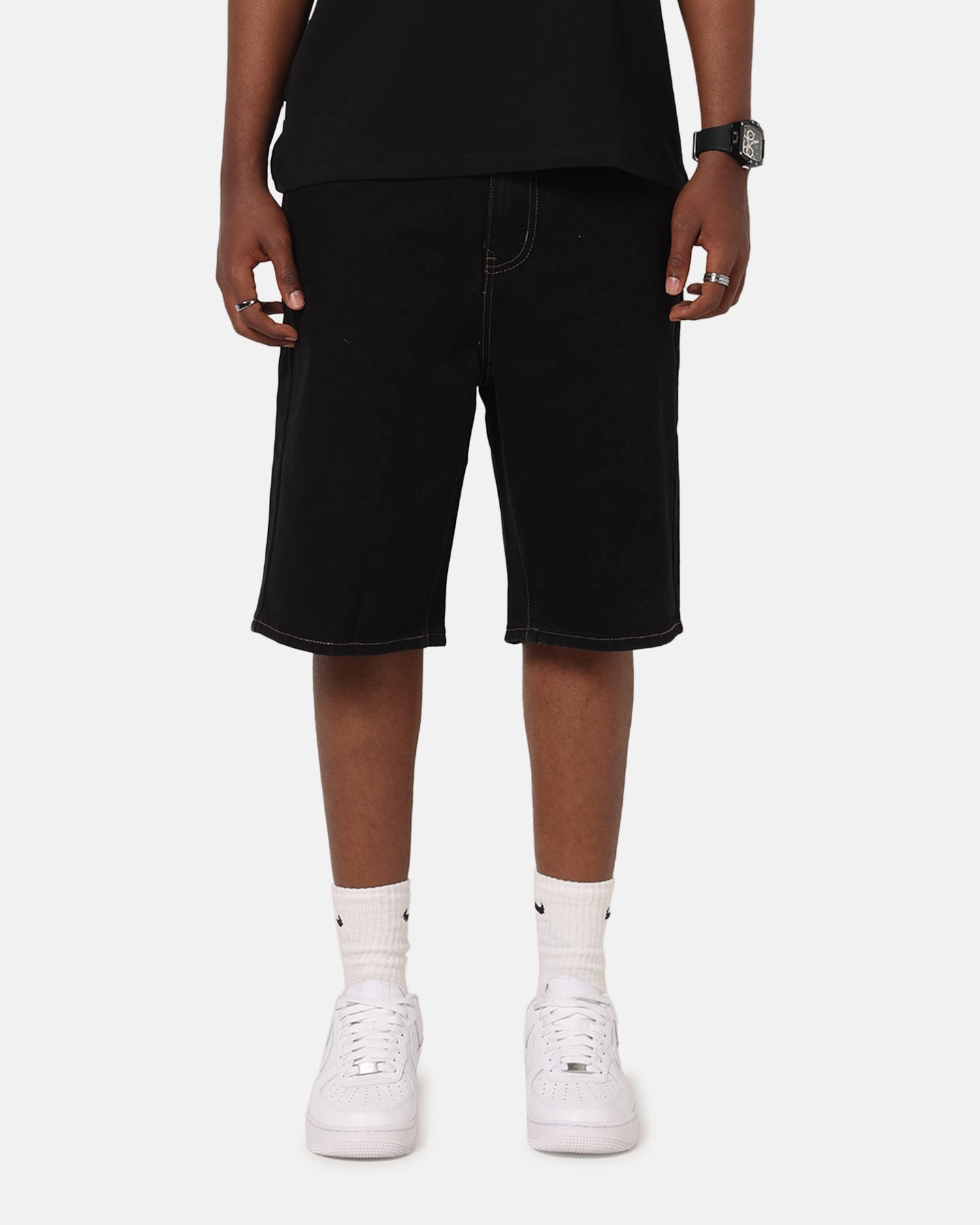 yoga clothes lounging clothes S Double Denim Standard Shorts Black Rinse