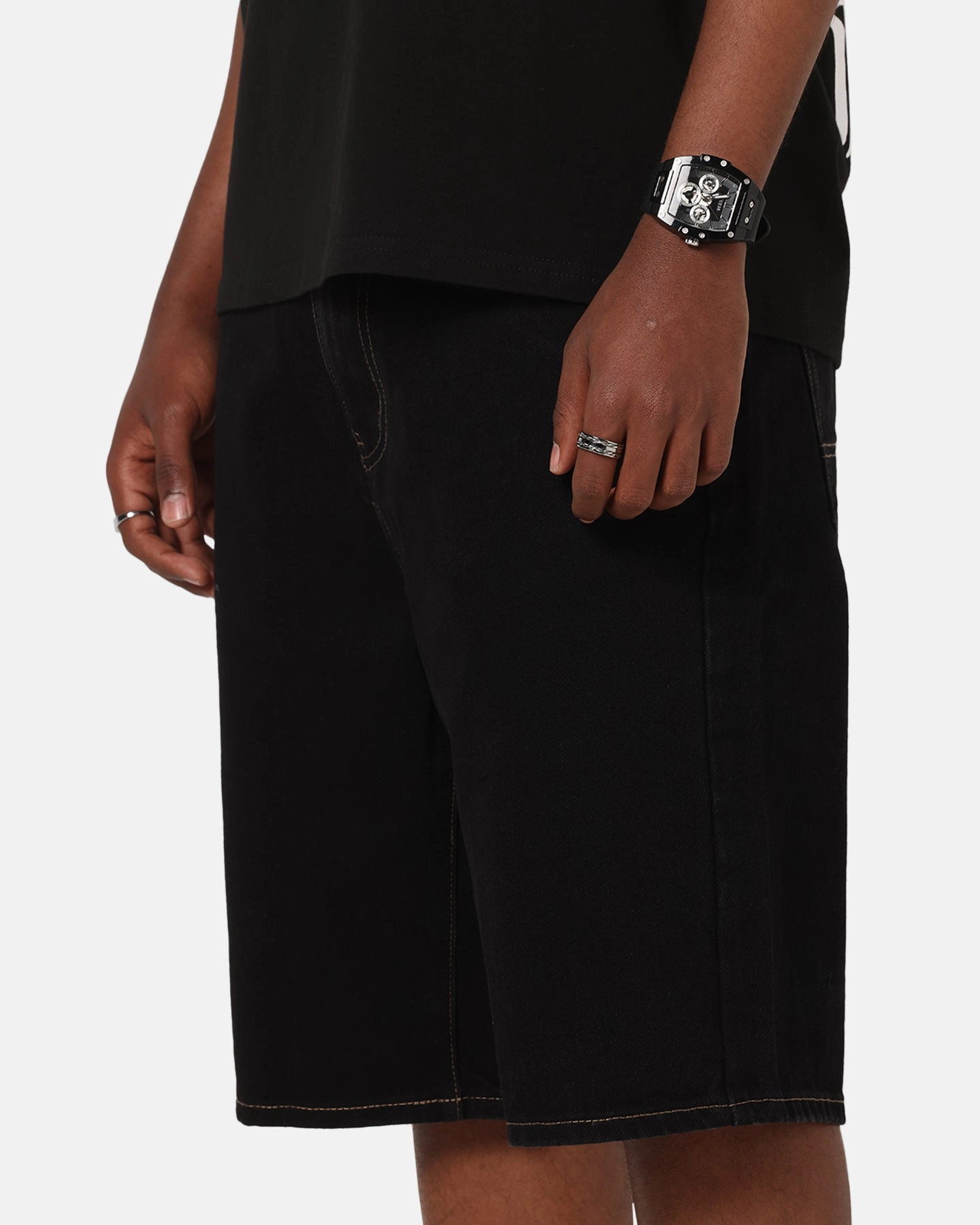 Simple Cut S Double Denim Standard Shorts Black Rinse