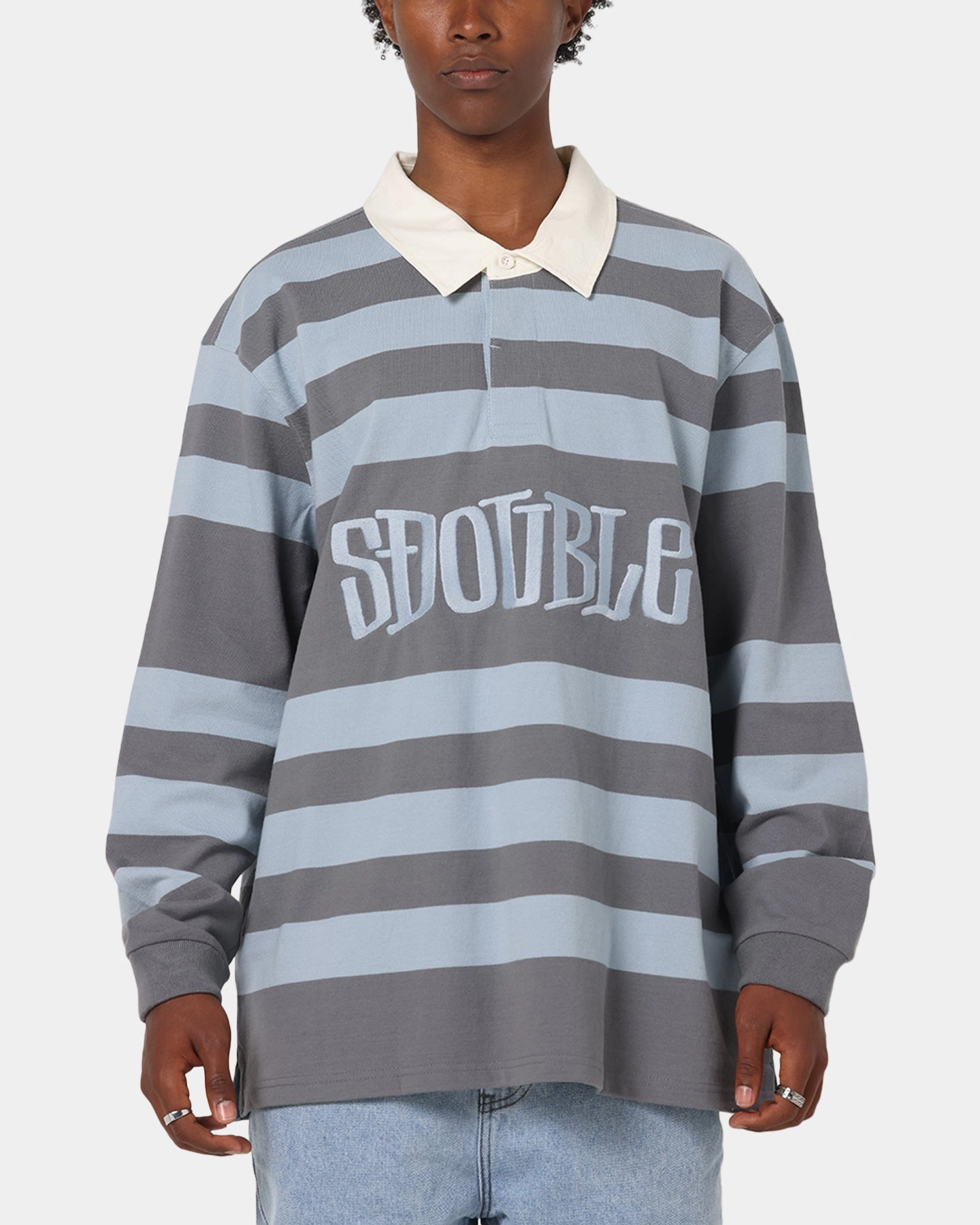 S Double PK Stripe Rugby Polo Baby Blue Breathable Airflow Channels Workout Friendly