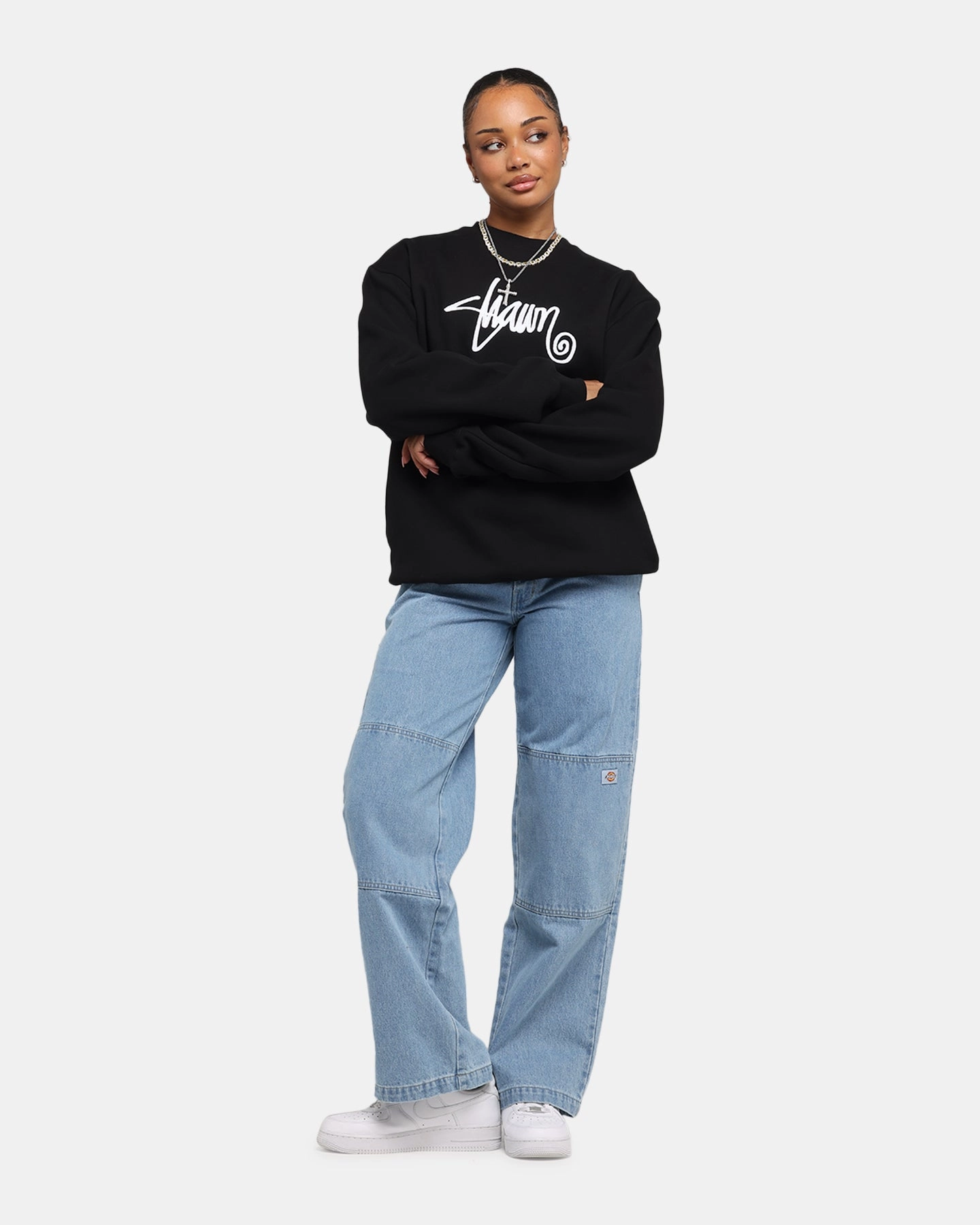 S Double Shawn Script Crewneck Black Layered Knit Style