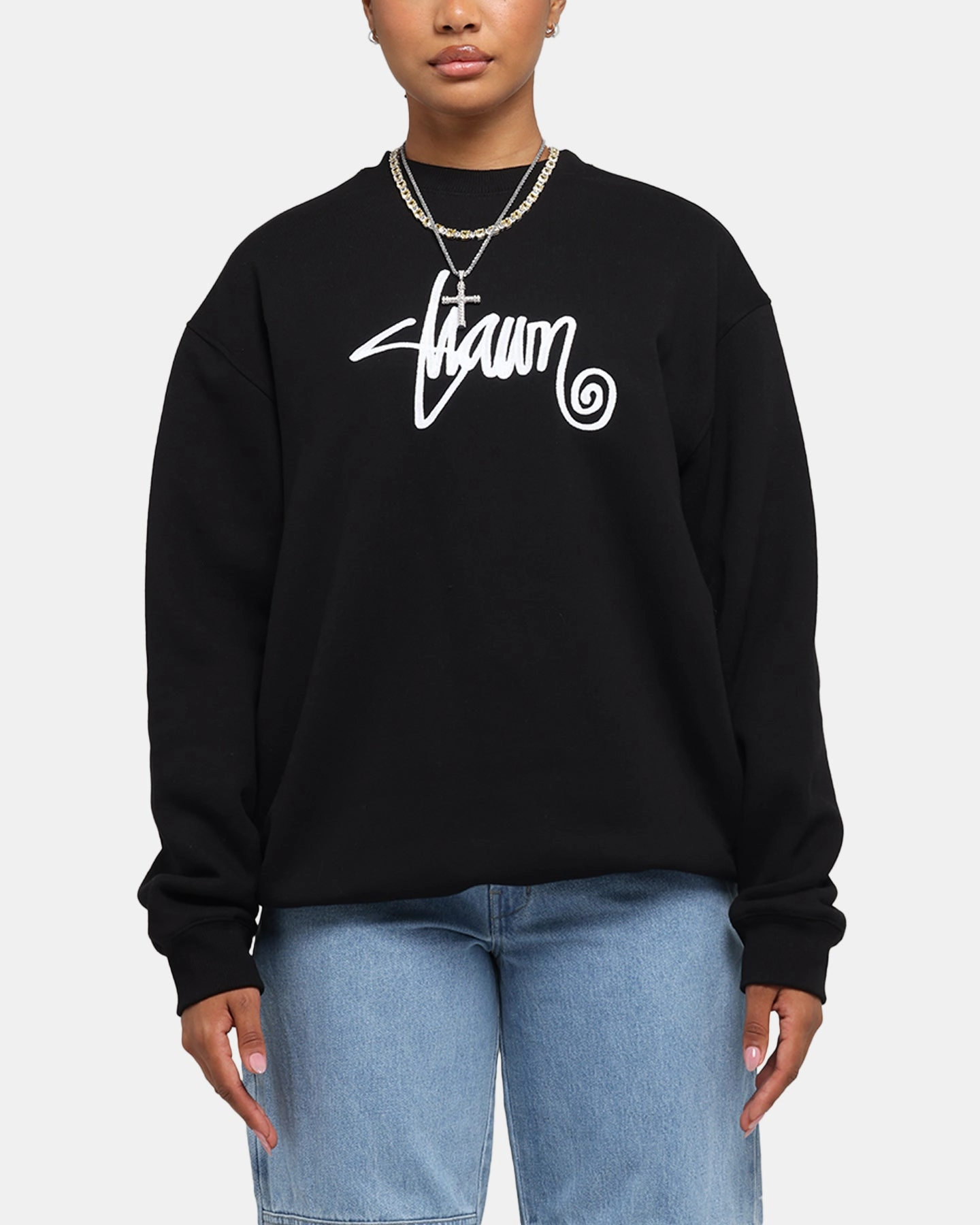 S Double Shawn Script Crewneck Black Versatile Layering