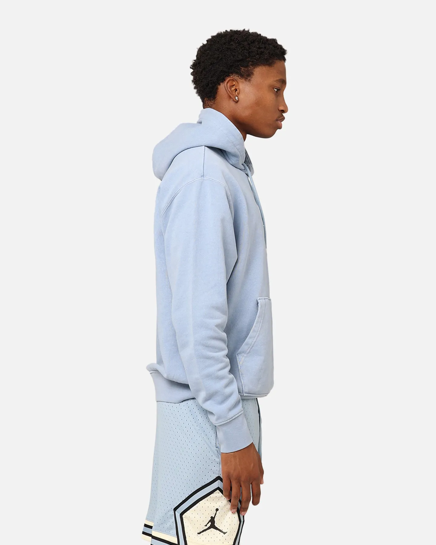 Jordan Essentials Statement Wash Fleece Pullover Hoodie Blue Grey Rollaway Collar Feature