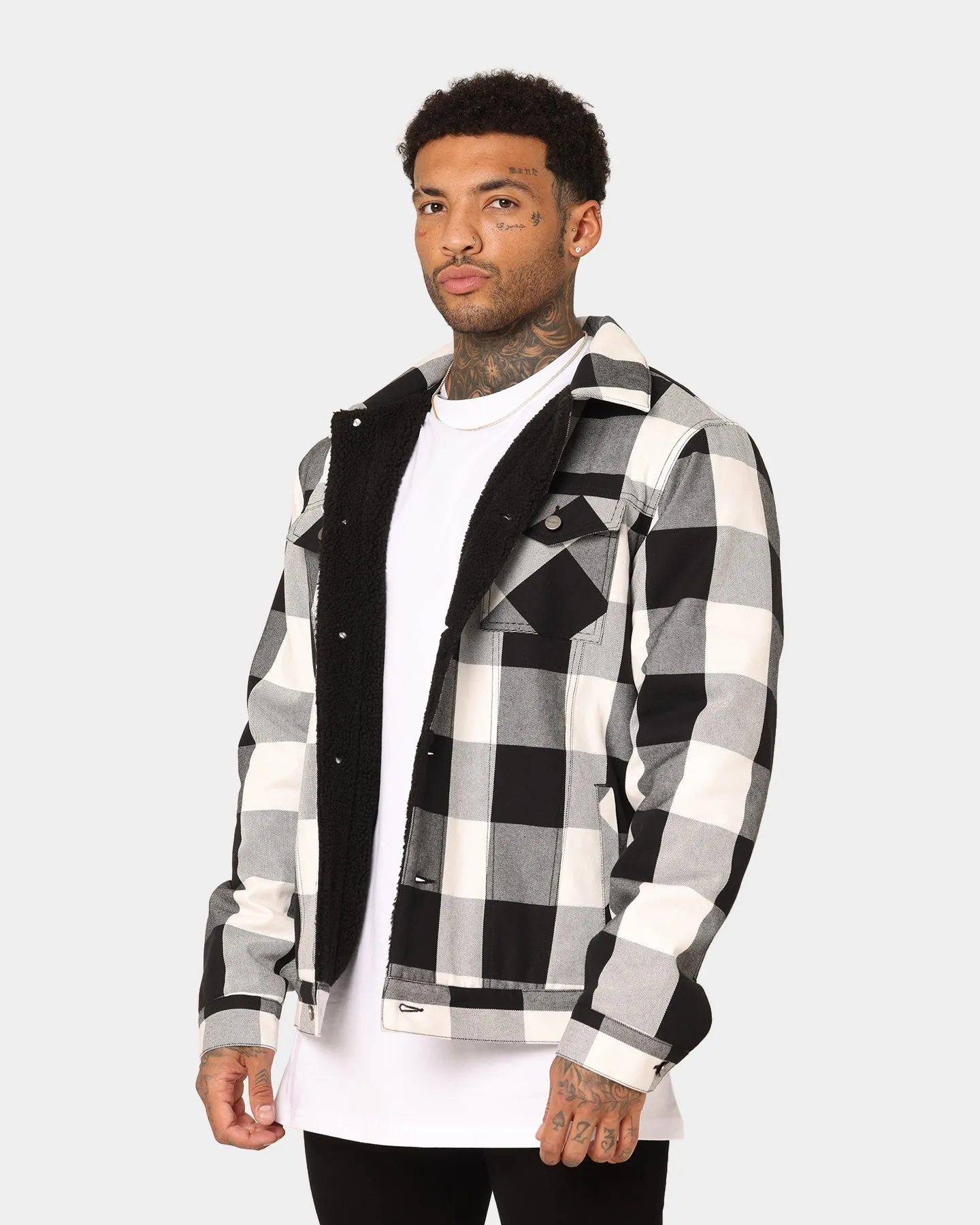 Saint Morta Checks Sherpa Jacket Black/White Rollaway Collar Feature