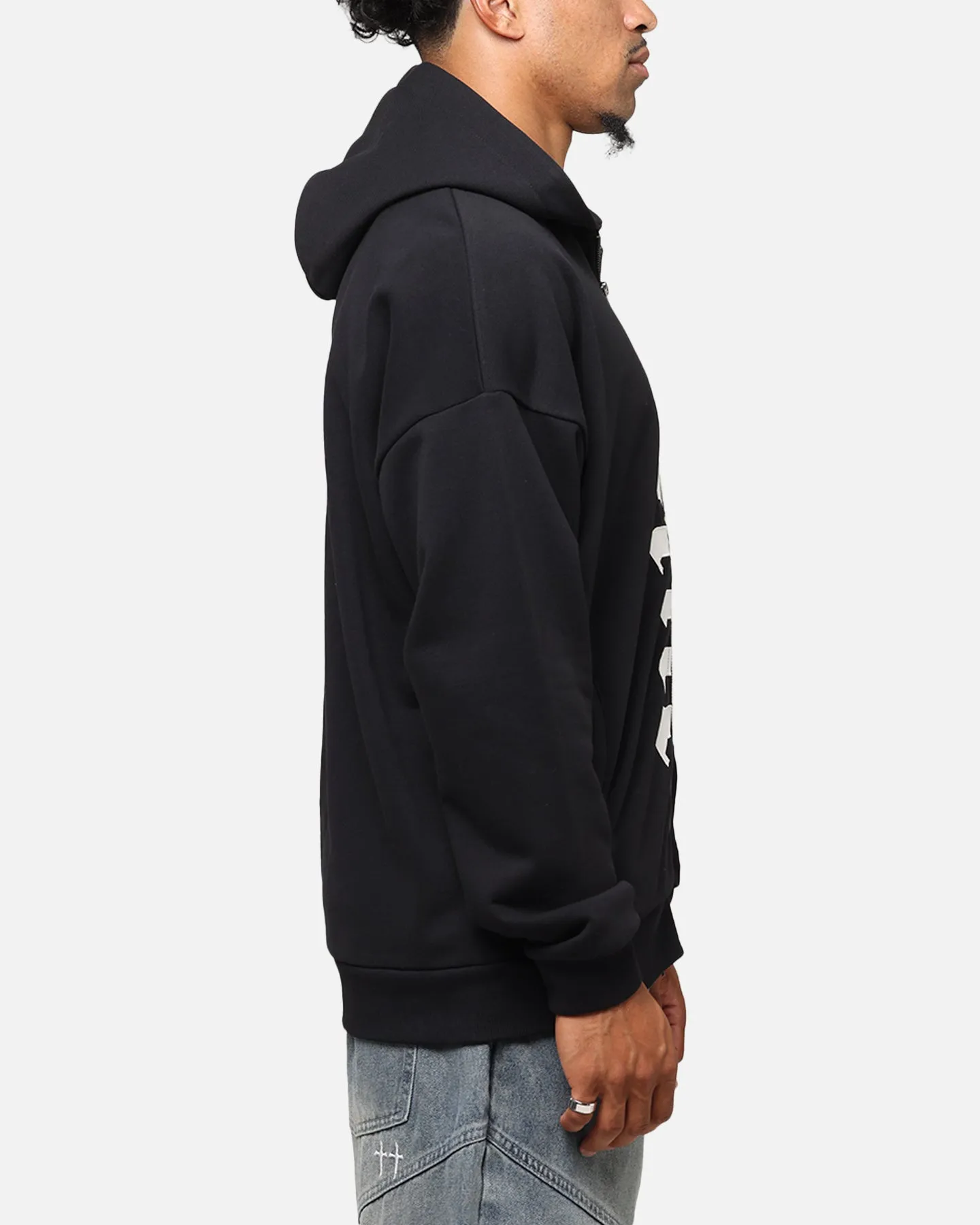 Charity Sporty Style Saint Morta Gothic Distressed Zip Hoodie Black