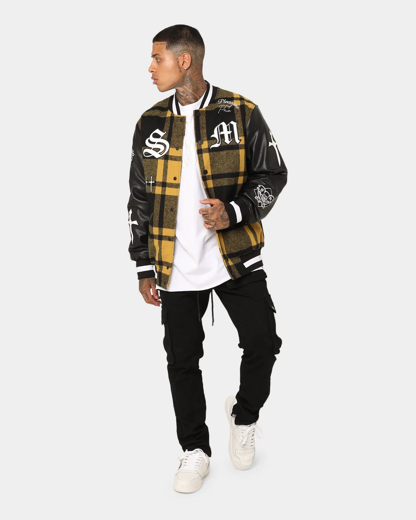 Saint Morta Graveyard Plaid Varsity Jacket Black/Yellow Recycled Polyester Tweezers