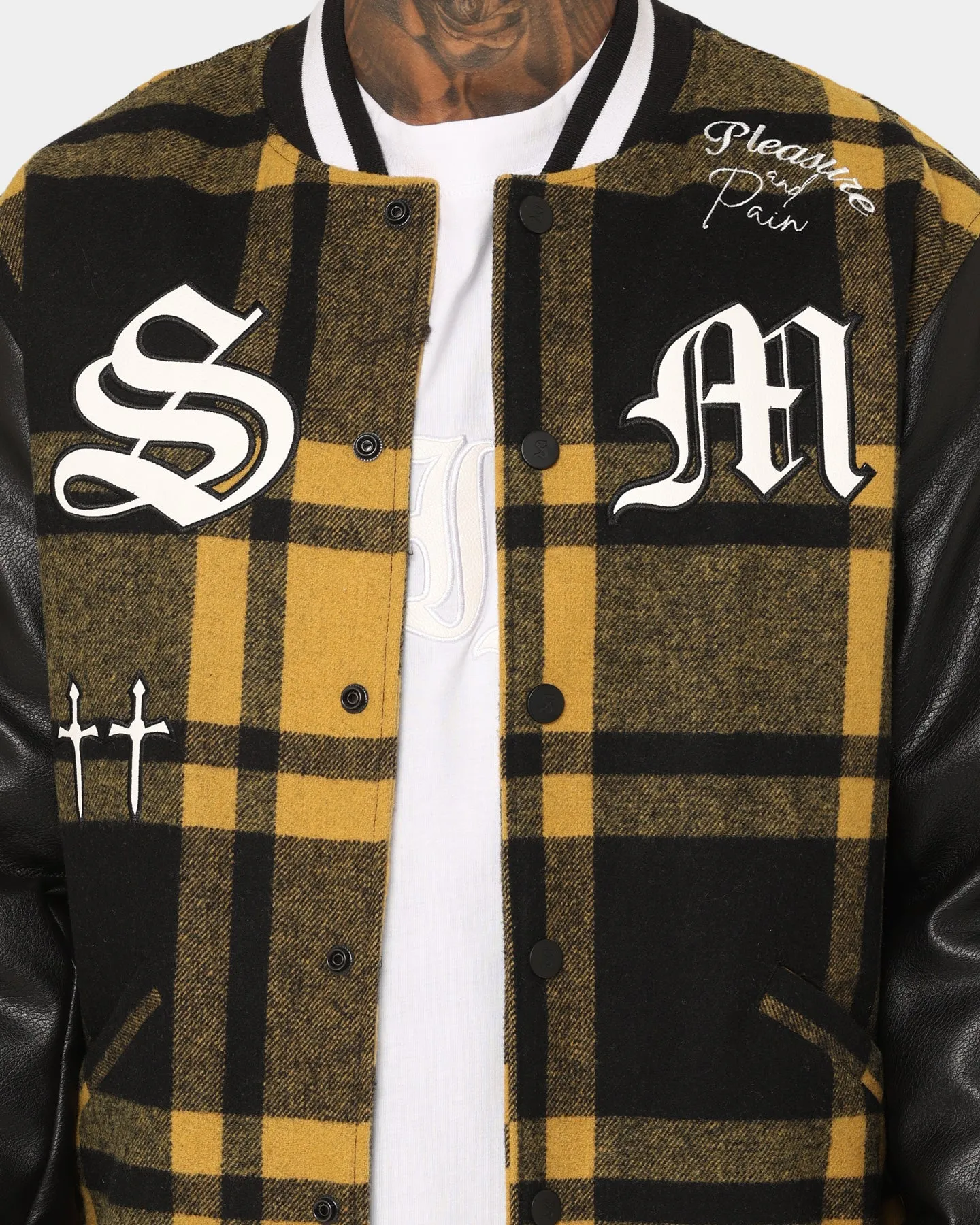 Durable Material Ideal Saint Morta Graveyard Plaid Varsity Jacket Black/Yellow