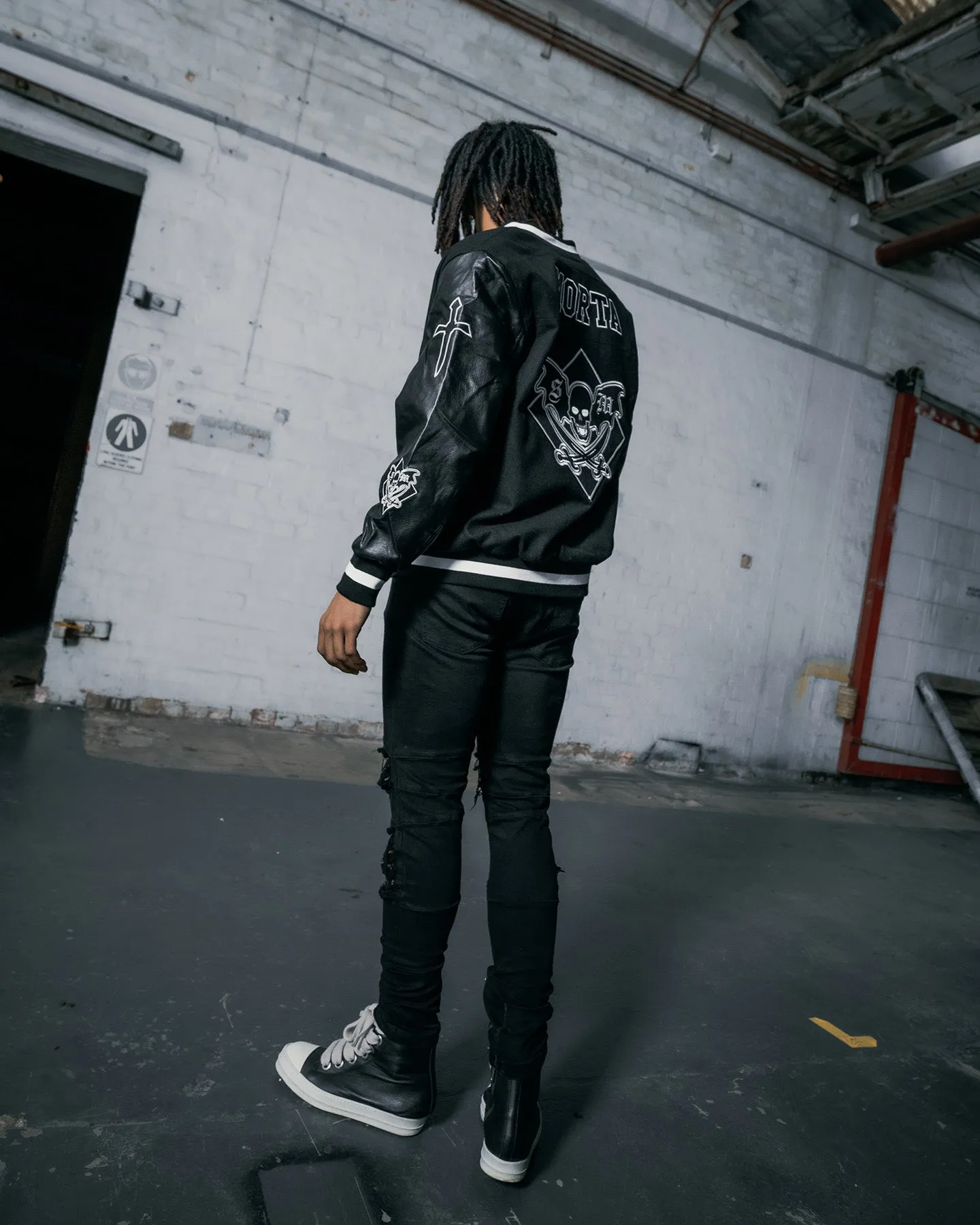 Saint Morta Graveyard Varsity Jacket Black/White NonBulky Midweight Build Easy Care