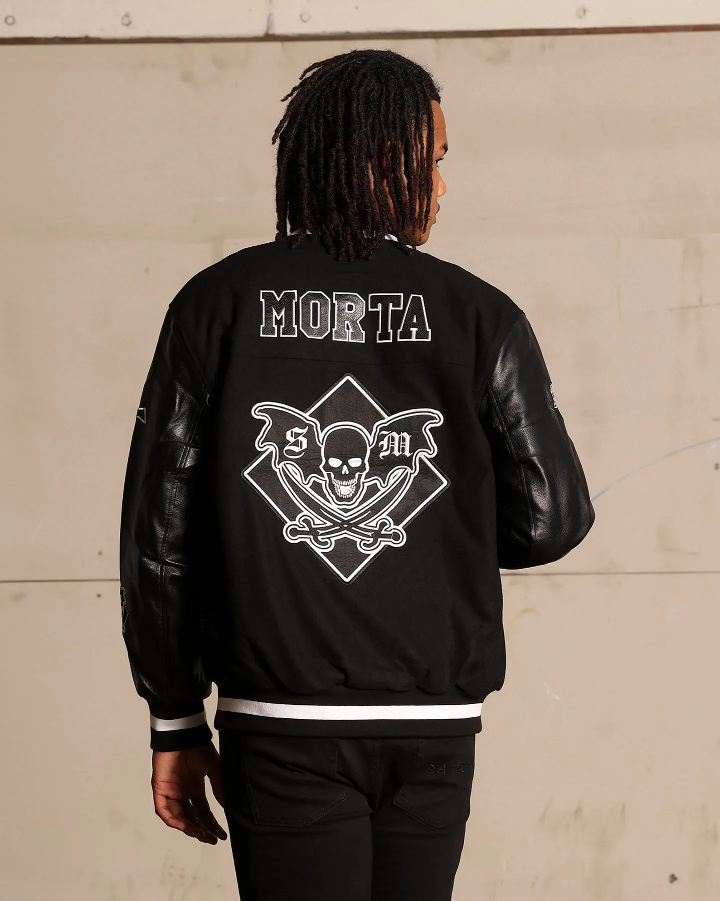 Noise Reduced Fabric Saint Morta Graveyard Varsity Jacket Black/White