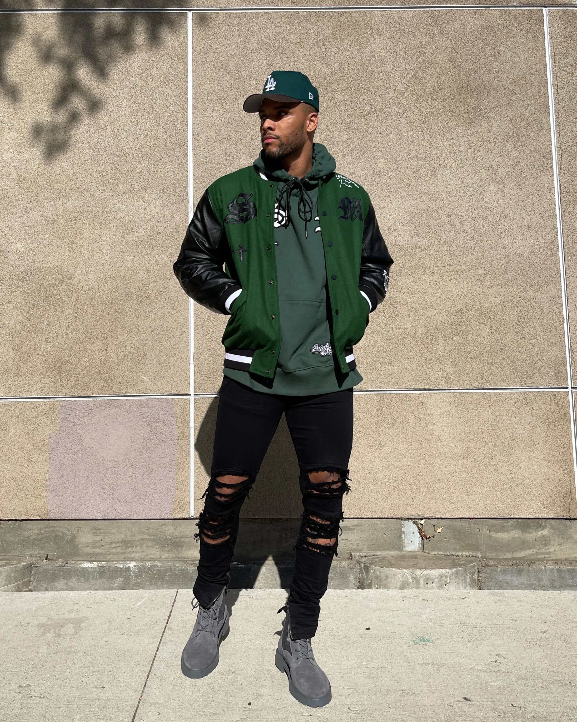 Ergonomic Shoulder Design Saint Morta Graveyard Varsity Jacket Dark Green/Black