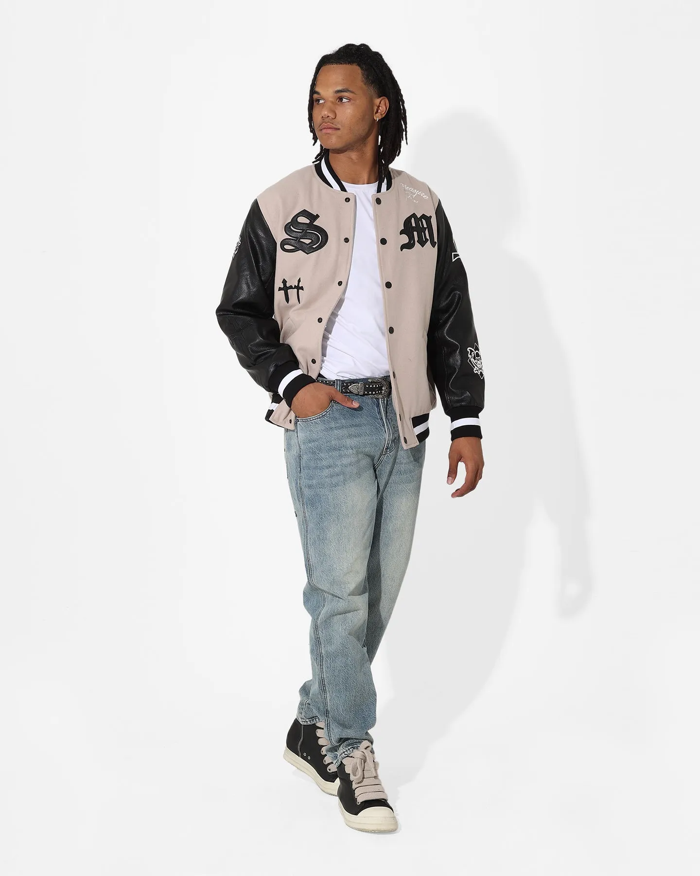 Four Way Stretch Material Saint Morta Graveyard Varsity Jacket Stone/Black