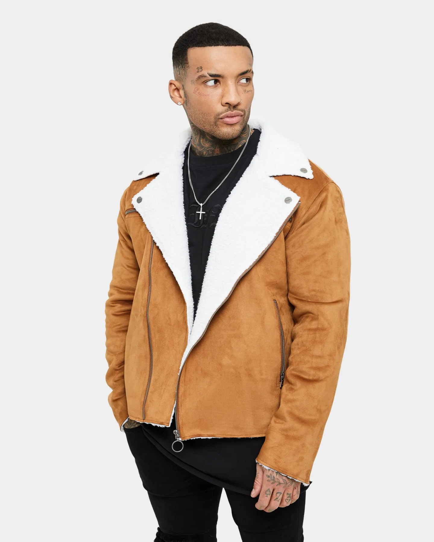 Saint Morta Imperial Sherpa Biker Jacket Tan/Cream Minimal Utility High Collar Design