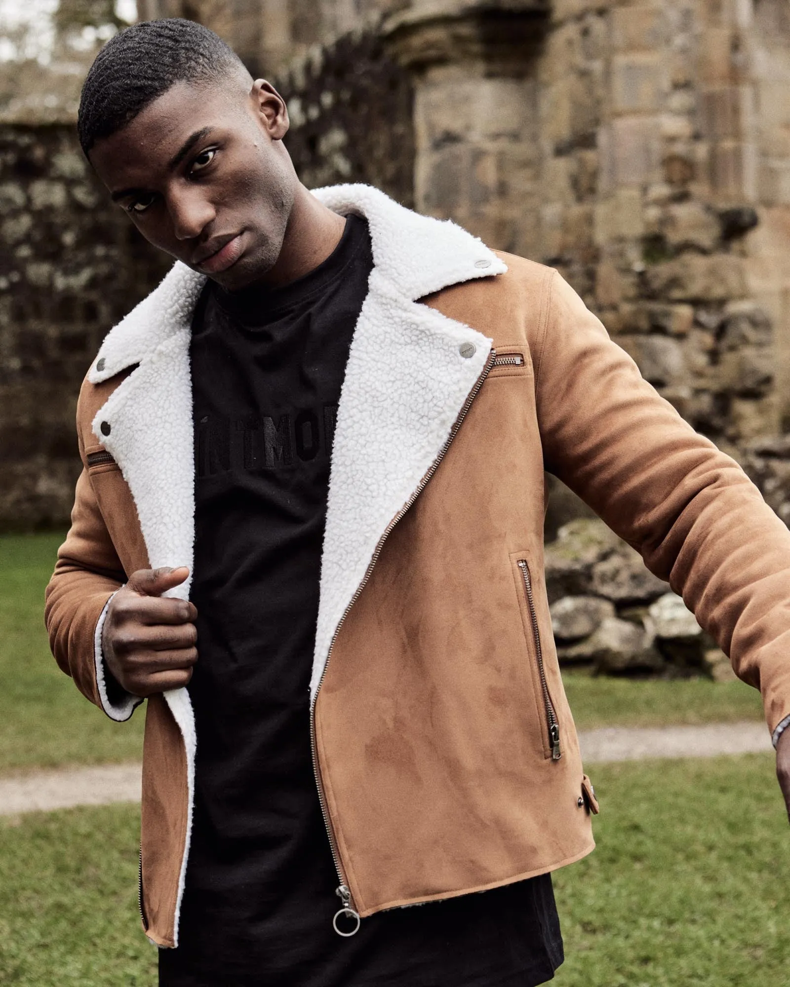 Saint Morta Imperial Sherpa Biker Jacket Tan/Cream Hidden pockets Articulated Sleeve Cut