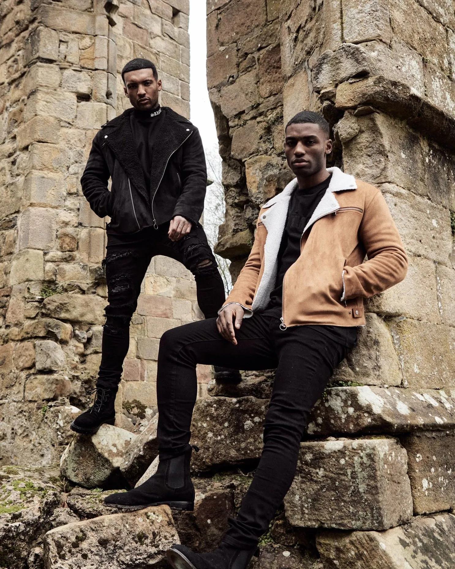 Drop Hem Saint Morta Imperial Sherpa Biker Jacket Tan/Cream