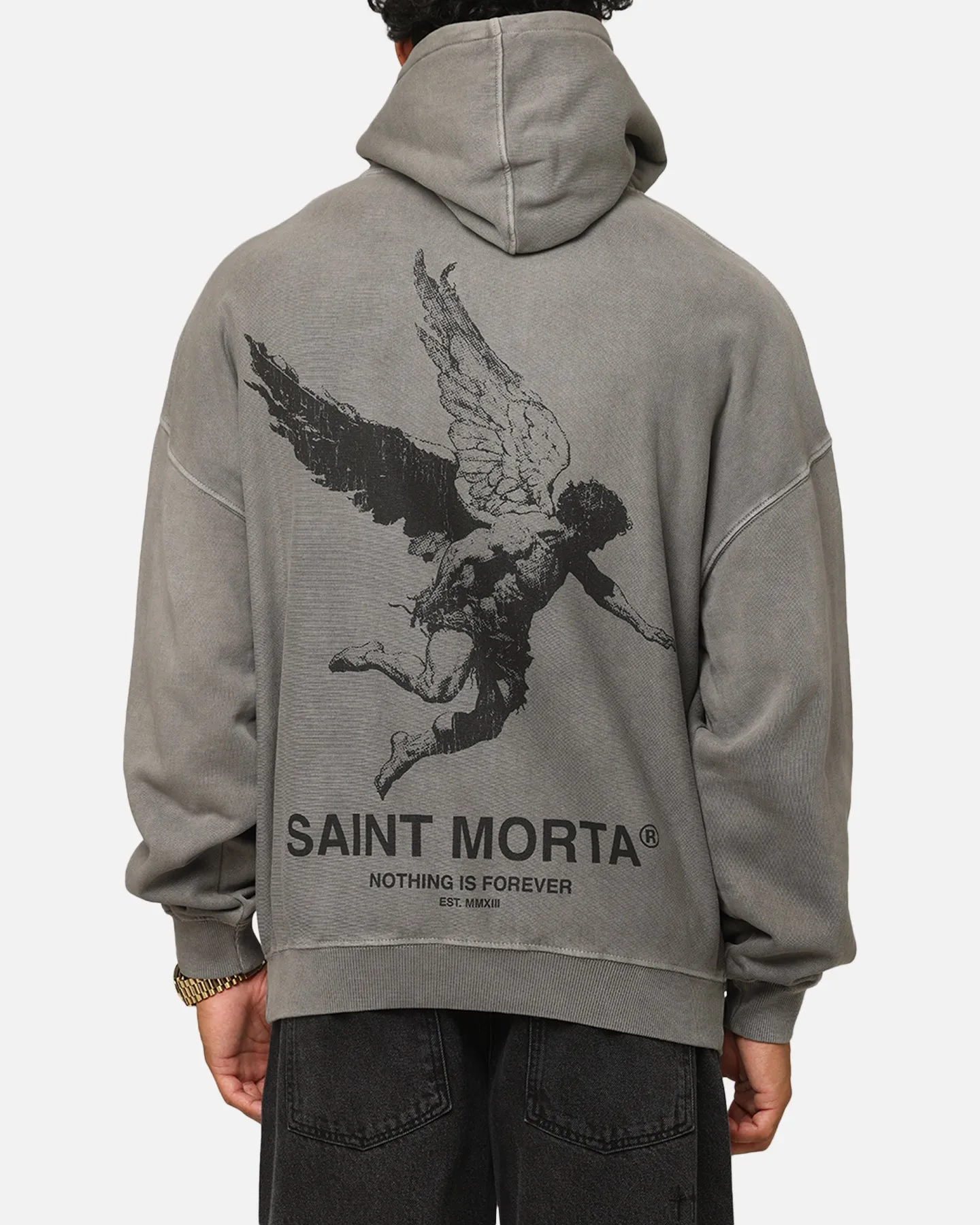 Saint Morta Nothing Is Forever Boxy Hoodie Washed Charcoal suitable for extreme sports popular among teenagers
