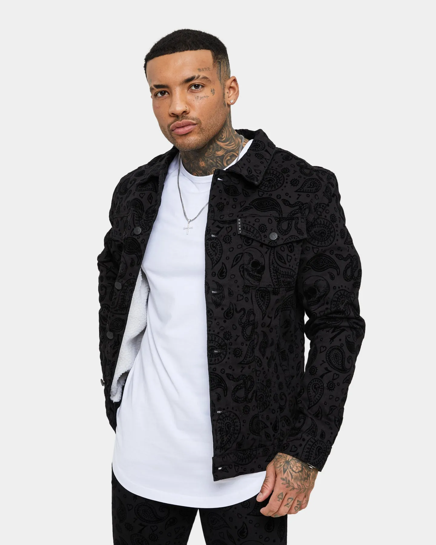Saint Morta Paisley Skulls Sherpa Jacket Black/Black thrift - store find