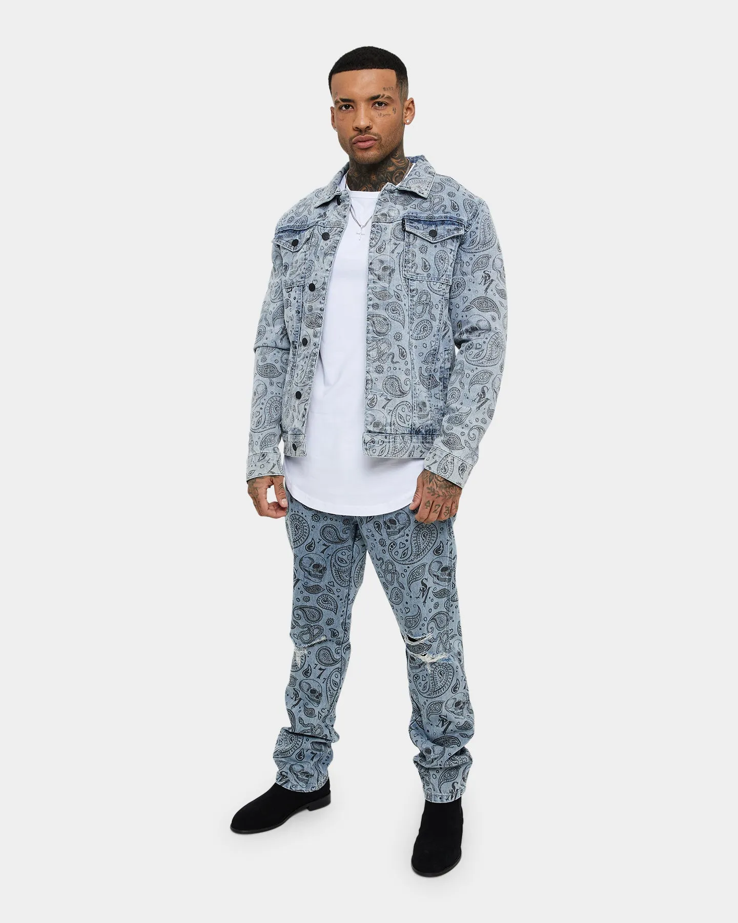 Celebrate Hooded style Saint Morta Paisley Skulls Sherpa Jacket Stone Wash Blue