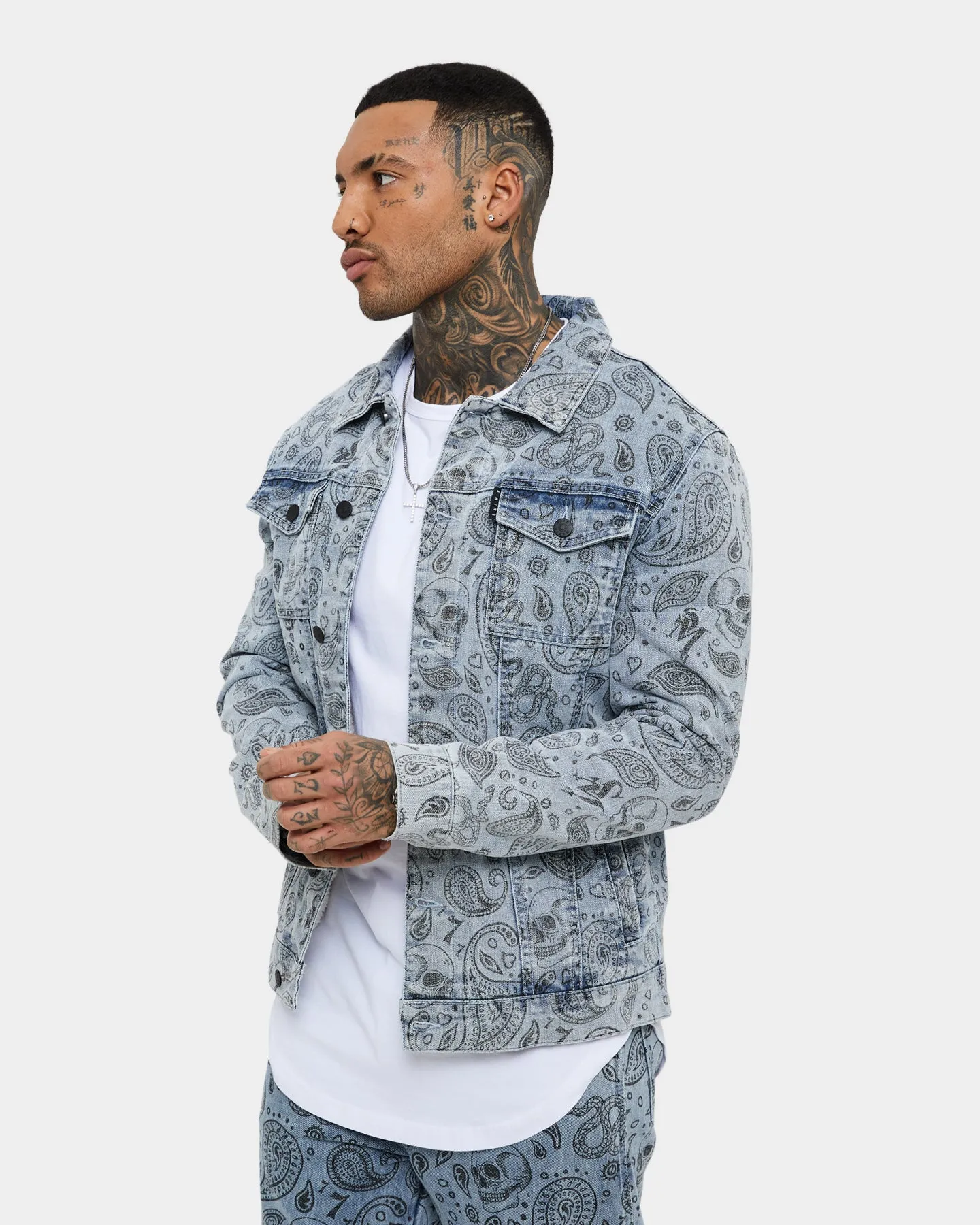 Saint Morta Paisley Skulls Sherpa Jacket Stone Wash Blue Nail-clipper