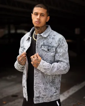 Saint Morta Paisley Skulls Sherpa Jacket Stone Wash Blue Compression Friendly Fit Abrasion Resistant Edges