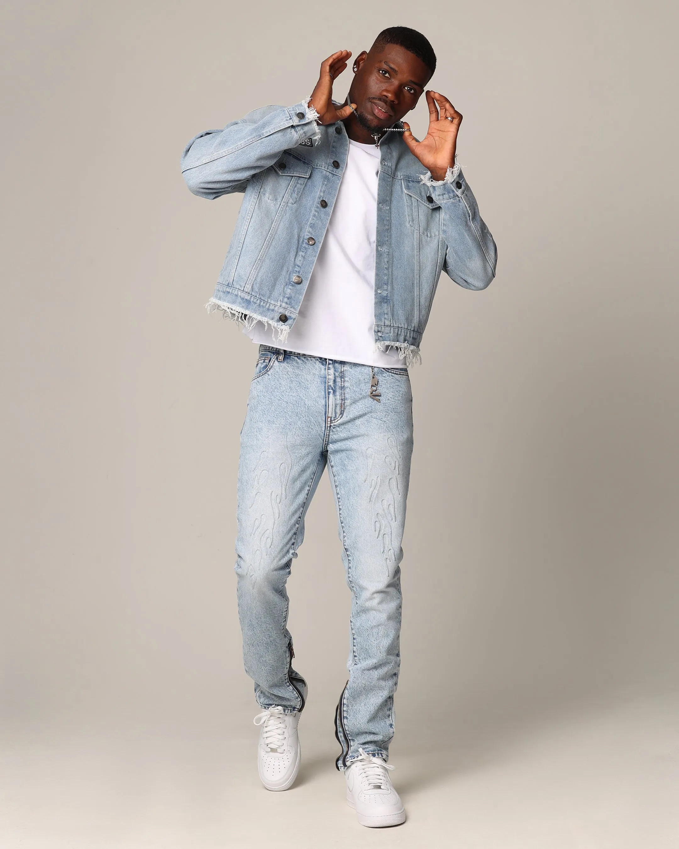 Weatherproof Zipper Warm and Cozy Saint Morta Post Humanous Denim Jacket Blue Wash