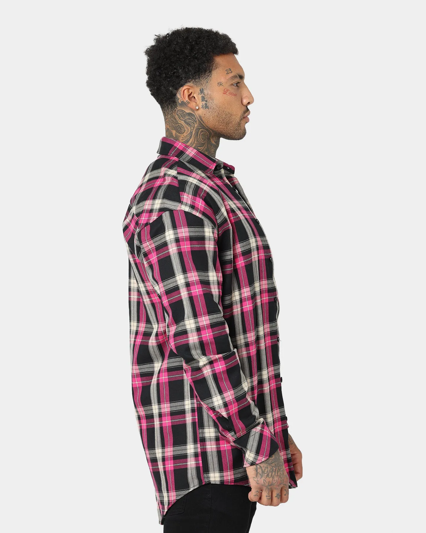 Saint Morta Prima Long Sleeve Flannel Shirt Black/Pink quilted Zipper Closure