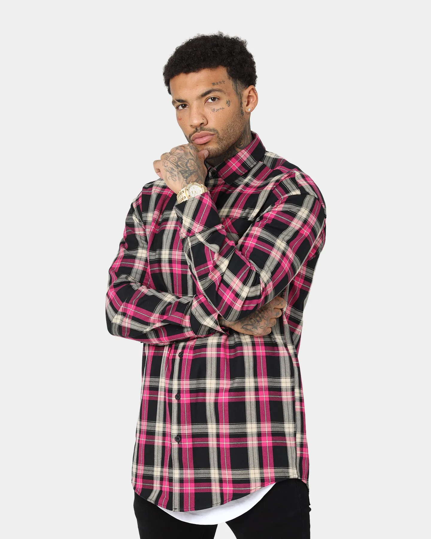 Sleek Fit Ornamental Saint Morta Prima Long Sleeve Flannel Shirt Black/Pink
