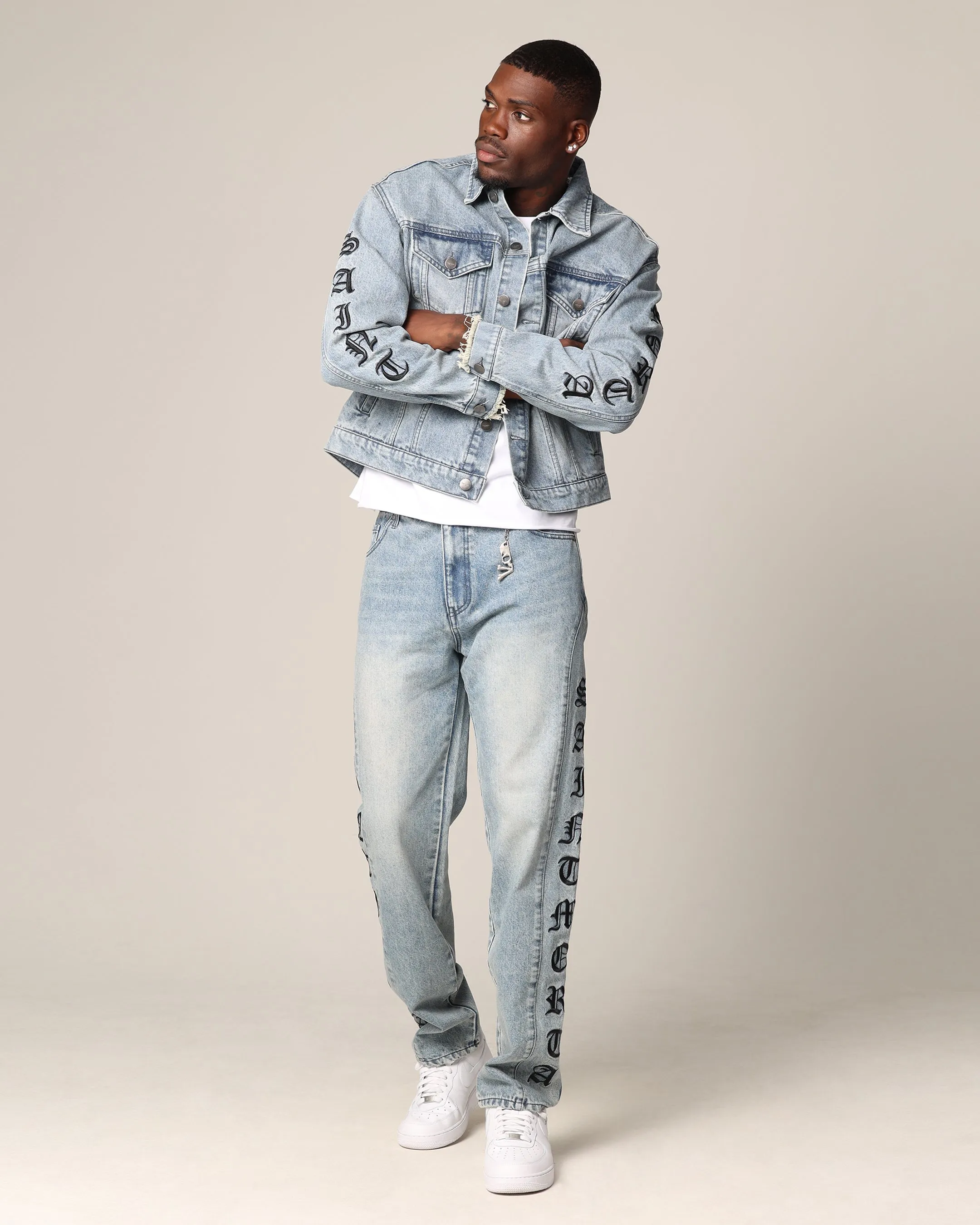 Button Closure shopping Saint Morta Rip Gothic Cutoff Denim Jacket Superwash Blue