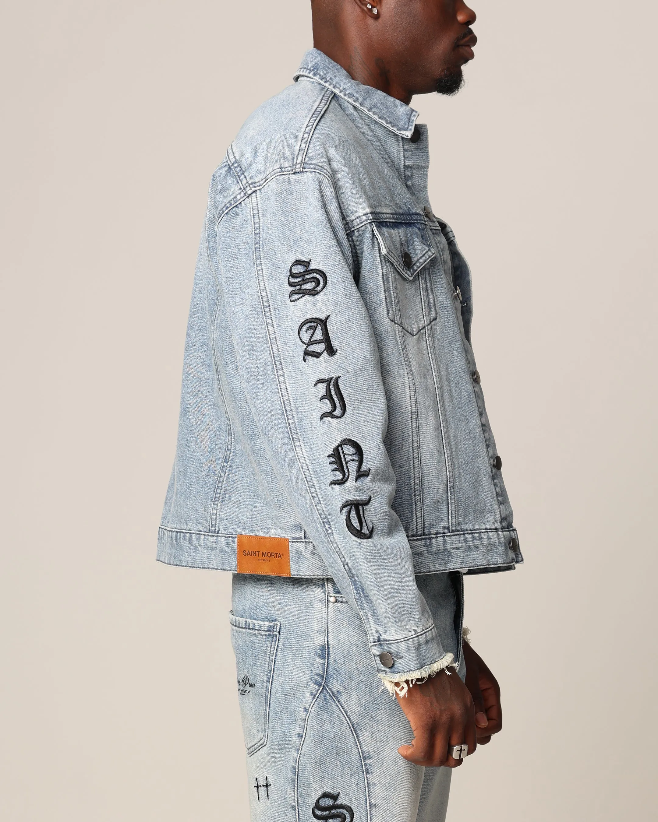 Saint Morta Rip Gothic Cutoff Denim Jacket Superwash Blue Influence