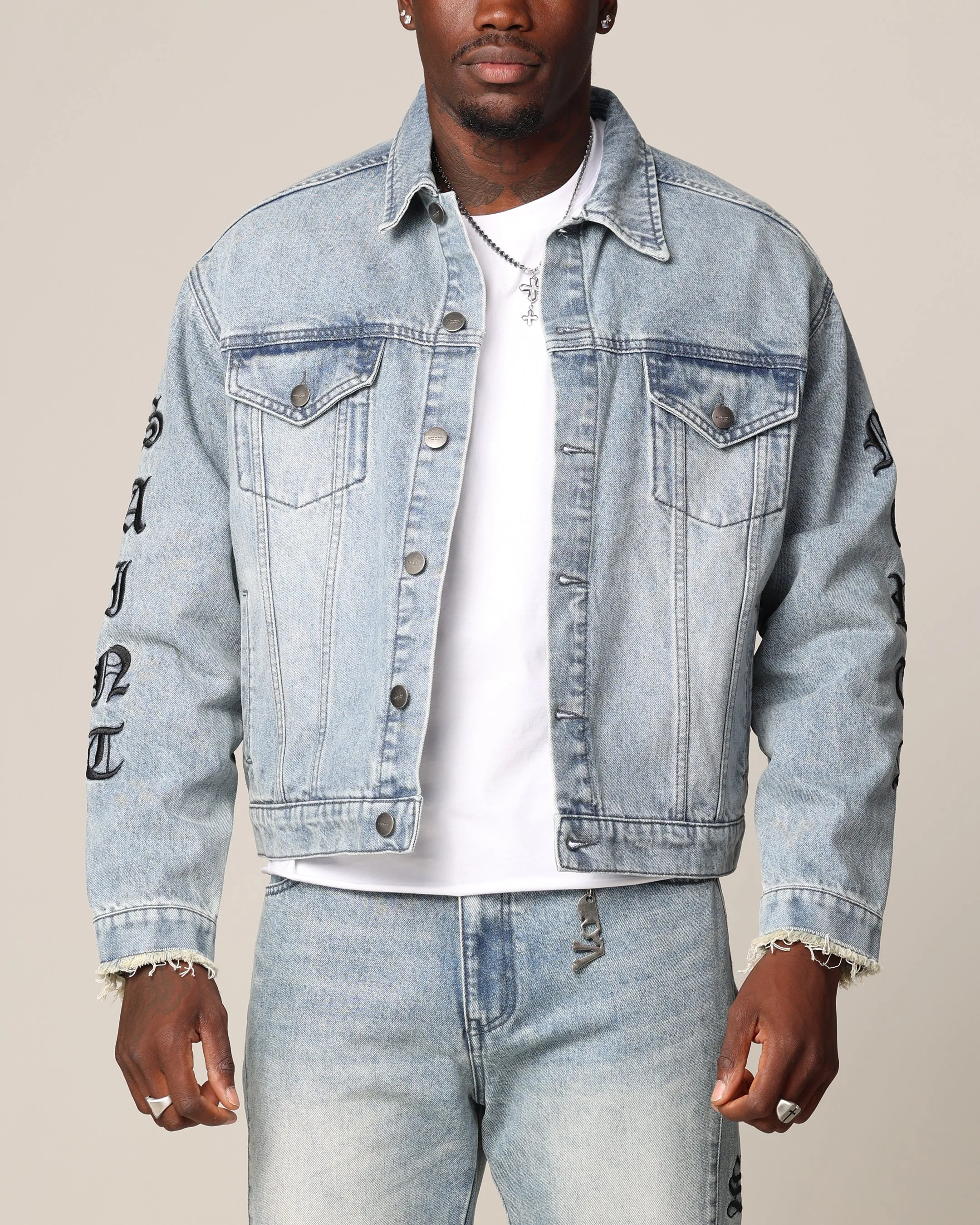 Gloves Action Saint Morta Rip Gothic Cutoff Denim Jacket Superwash Blue