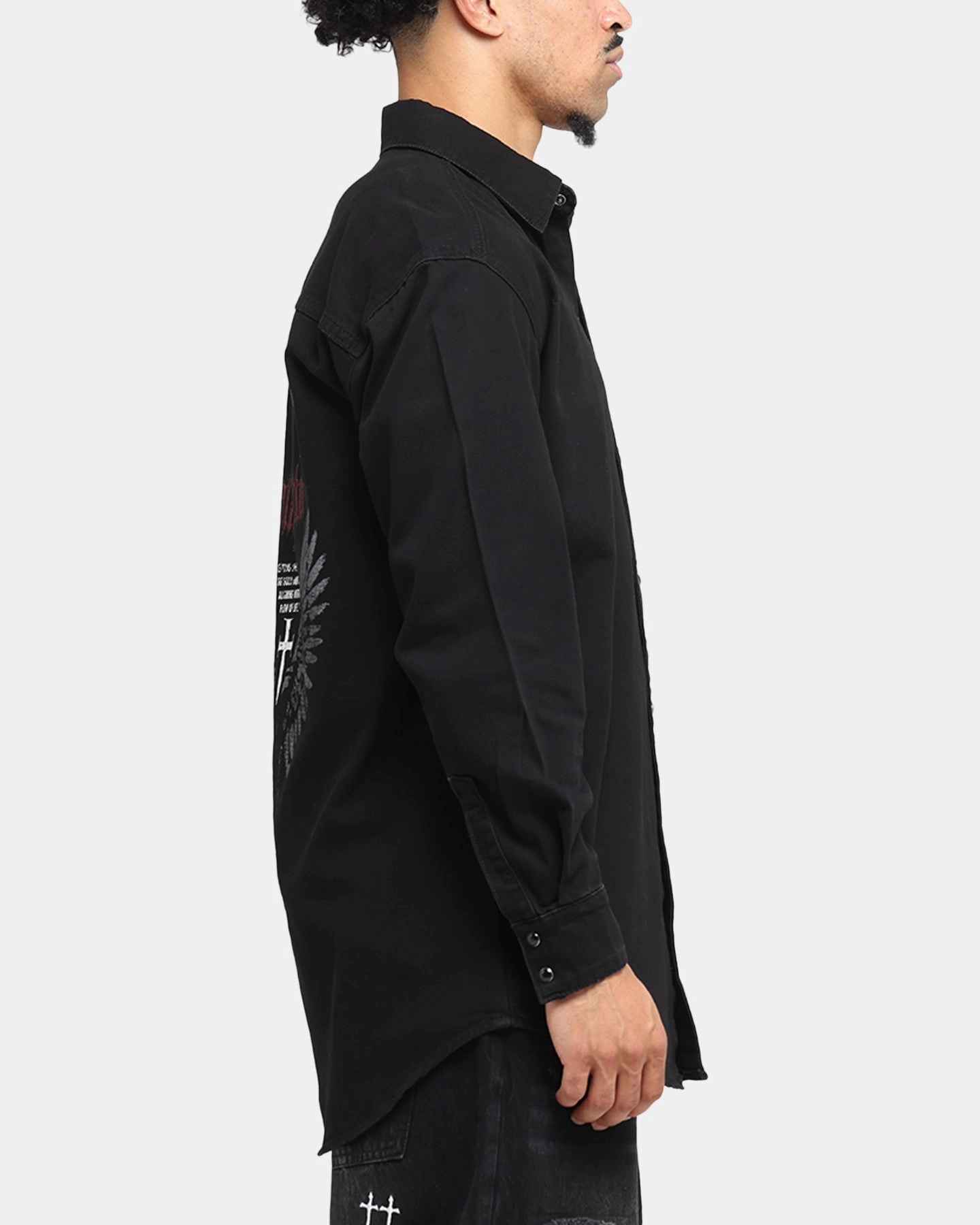 Multi Layer Stitching High Neck Saint Morta Amorafti Long Sleeve Denim Shirt Black Shadow