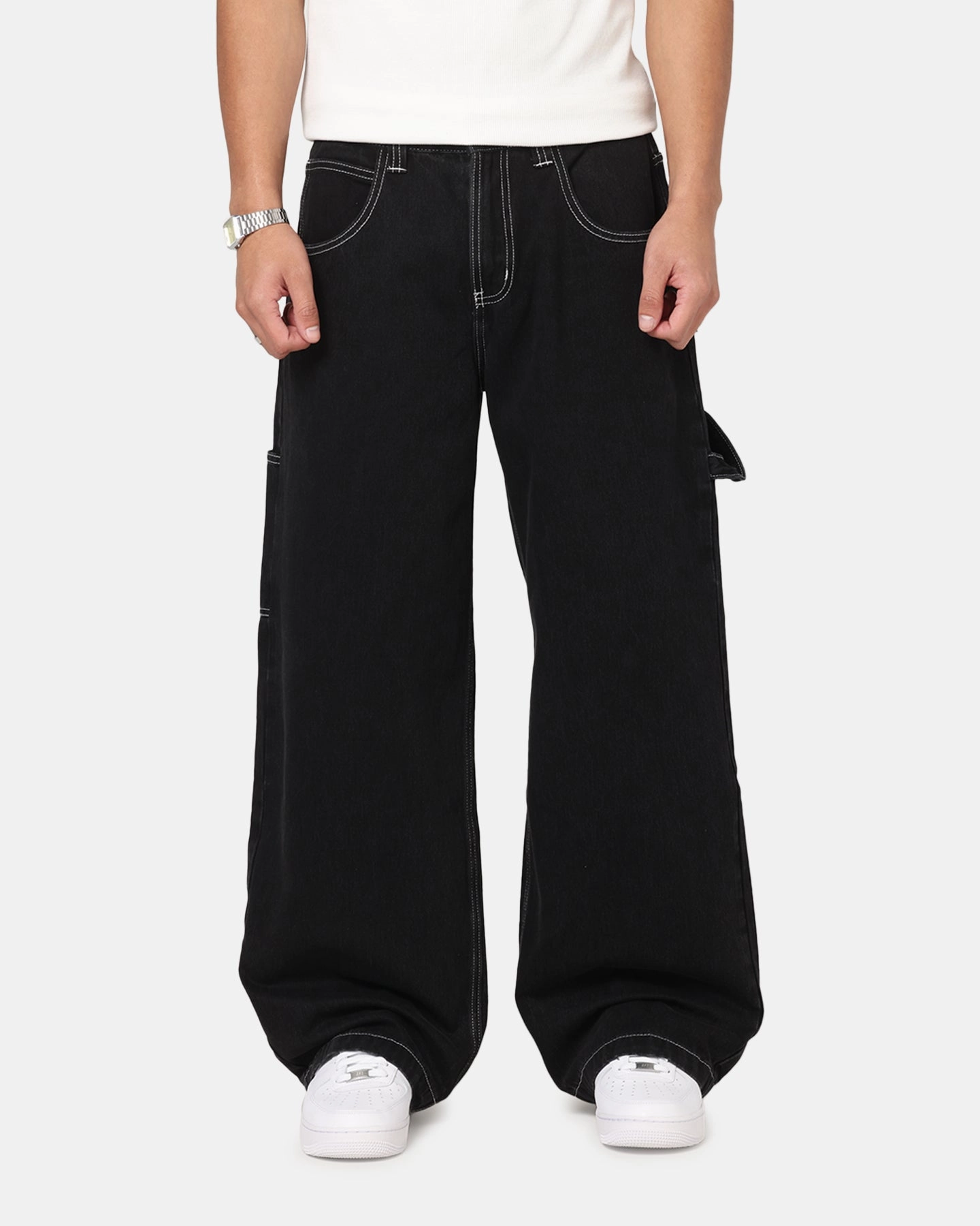 Non Slip Waist Grip Boho chic Saint Morta Amplus Fray Carpenter Jeans Contrast Black