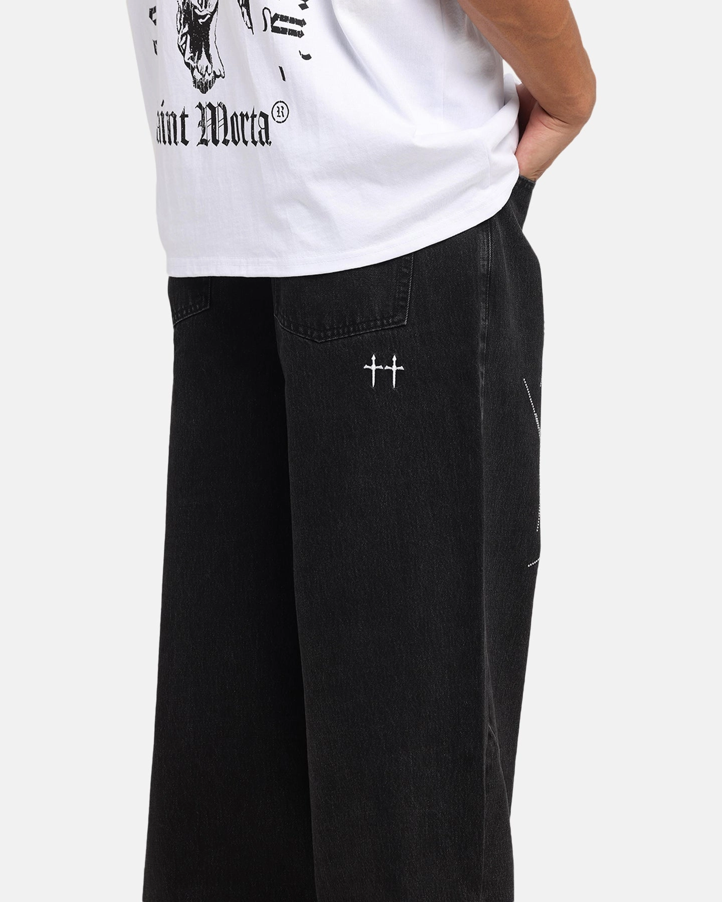 Comfort Fit Contoured Panel Design Saint Morta Amplus Tribal Rhinestone Jeans Black Shadow